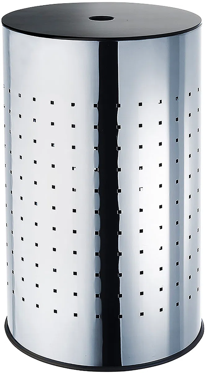 Kobolo Wäschebehälter Chrom, robuster Wäschesammler, Wäschebox mit Deckel, 55L, rund, Edelstahl mit Luftlöchern, modernes Design für Badezimmer & Schlafzimmer