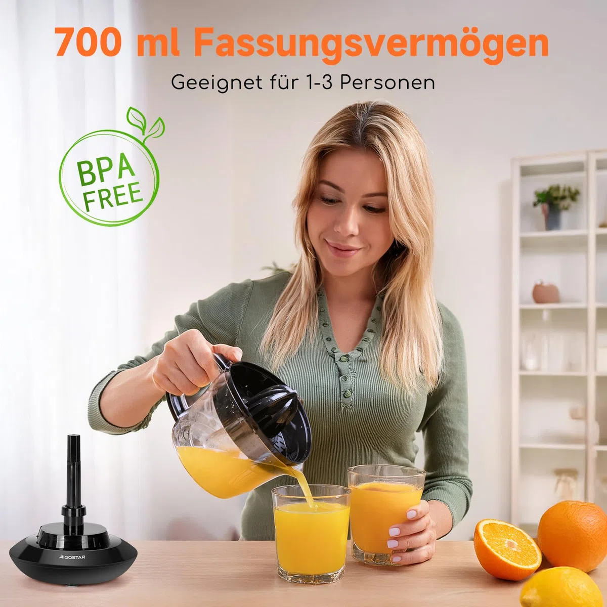 Aigostar Elektrische Zitruspresse 2 Kegel & BPA-Frei, Orangenpresse 40 W, 700ml Saftpresse Elektrisch, 2 Drehrichtungen, Hohe Saftausbeute, Spülmaschinenfest & Tropfsicher