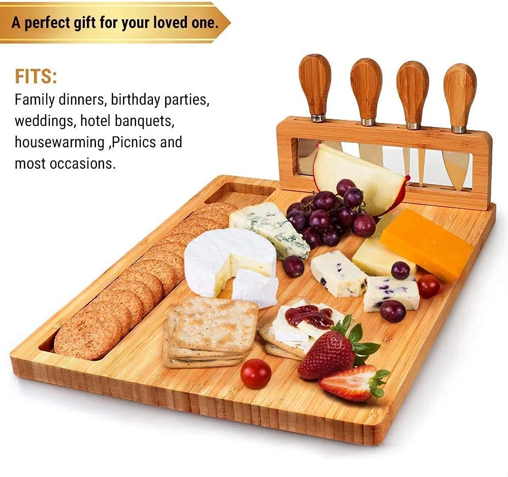 Bambus Käsebrett Käsemesser Set Charcuterie Platte und Servierbrett, Holz Servierplatte, Geschenk für Weihnachten Hochzeit Geburtstag