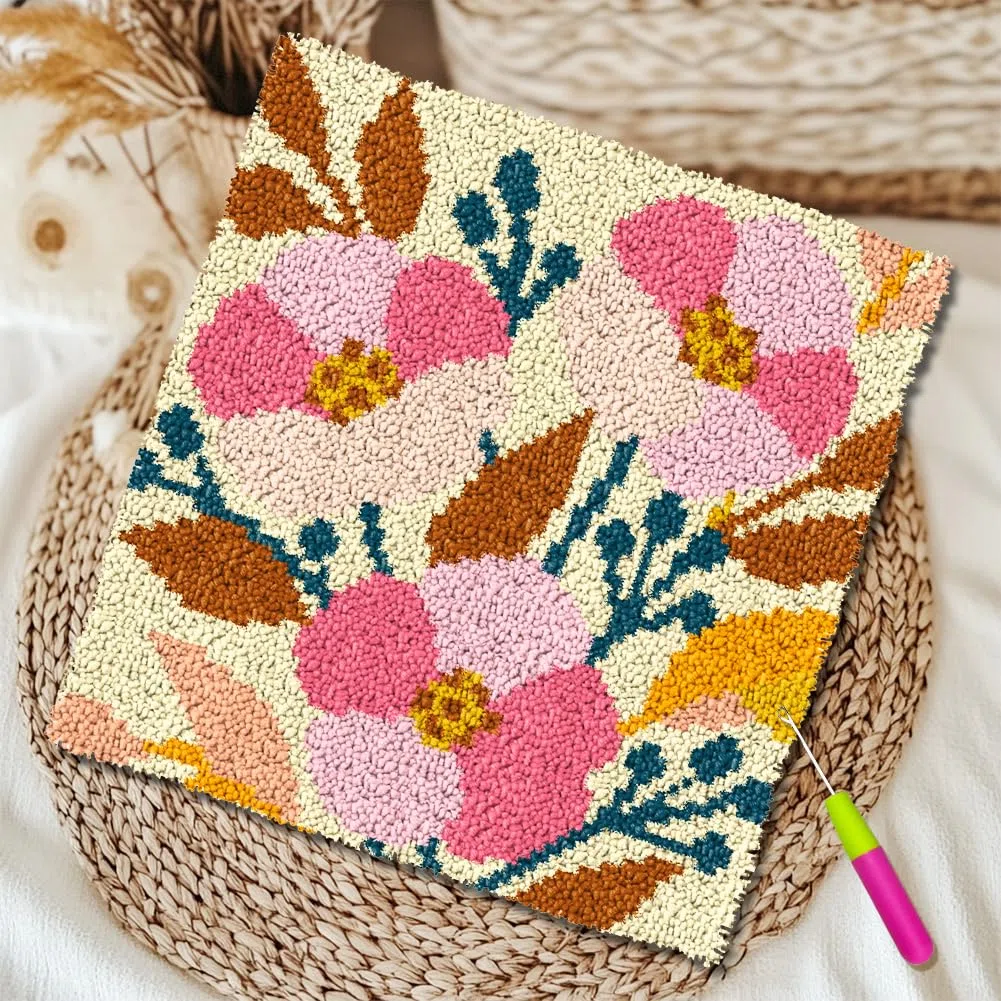 ORIGACH Blumen Und Pflanzenmotiven Knüpfteppich, Kreuzstich Teppich Set Für Erwachsene mit Werkzeug, Teppich Aus Farbgeprägtem Gitterstoff, Heimdekoration, Festivalgeschenke, 50×50cm