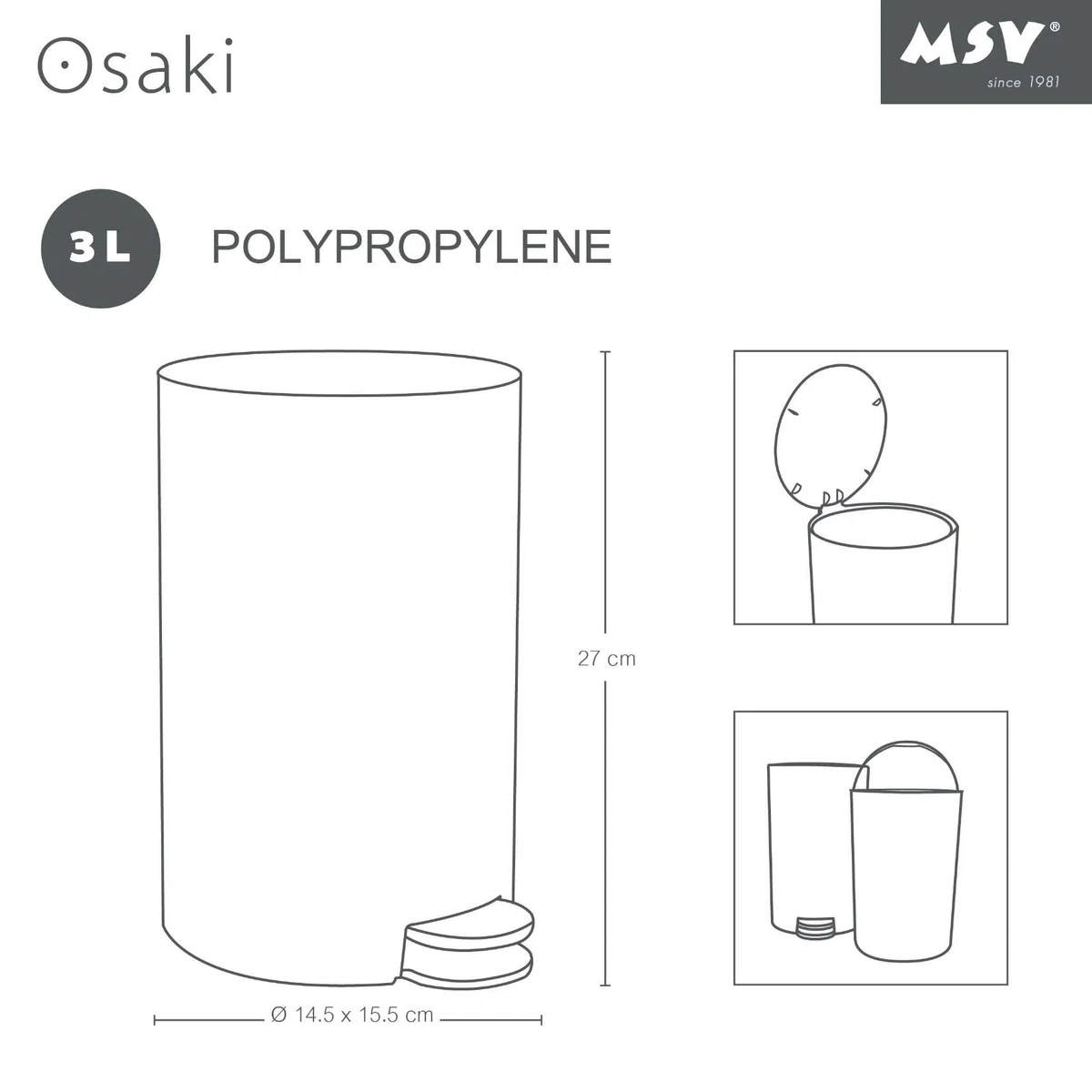 MSV Kosmetikeimer Osaki Mülleimer Treteimer Abfalleimer - 3 Liter – mit herausnehmbaren Inneneimer - Weiß