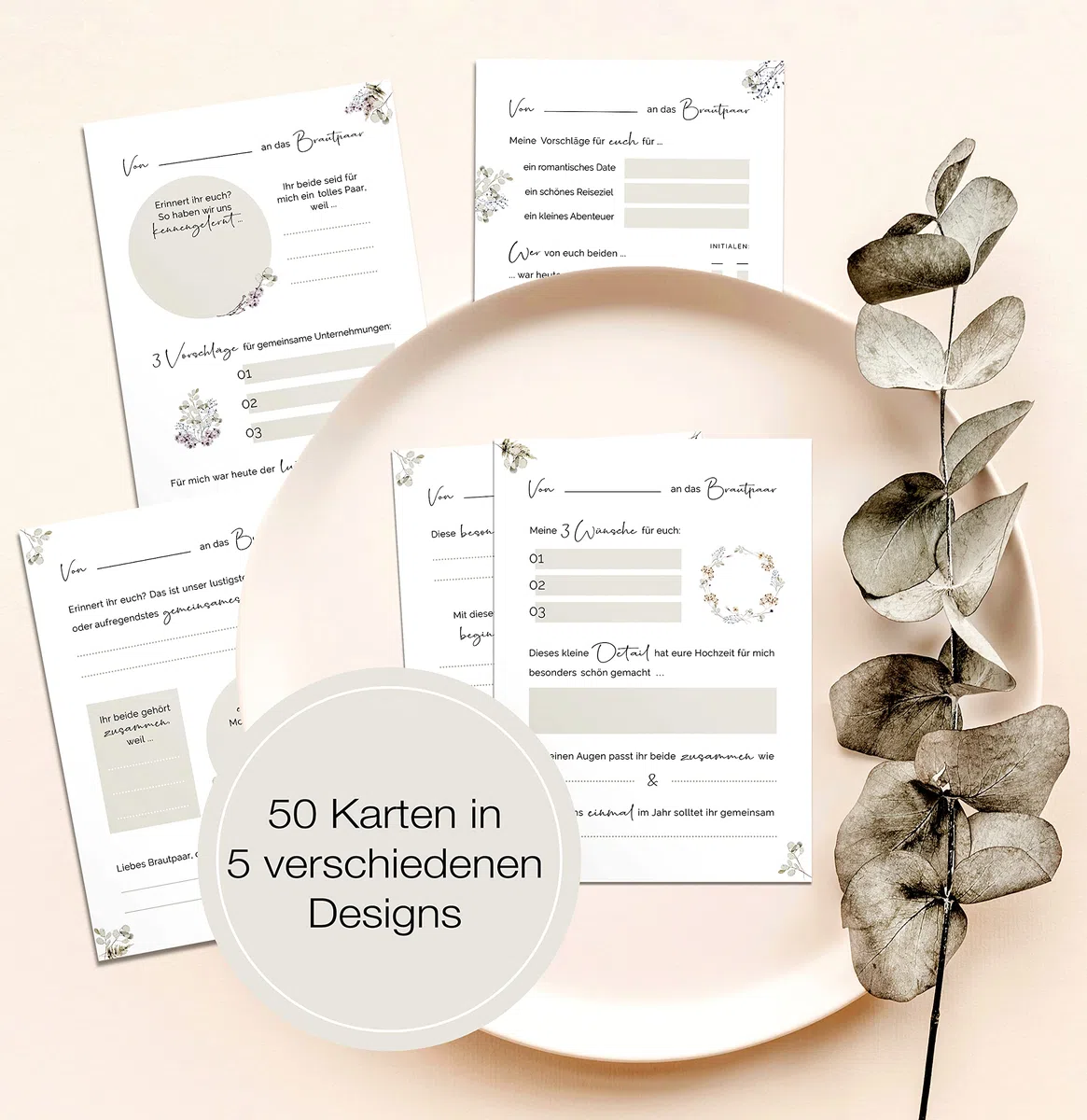 50 Gästebuch Karten für die Hochzeit mit Box | 5 verschiedene Designs | DIN A6 Postkartengröße | für alle Paare | Greenery & Eukalyptus Look