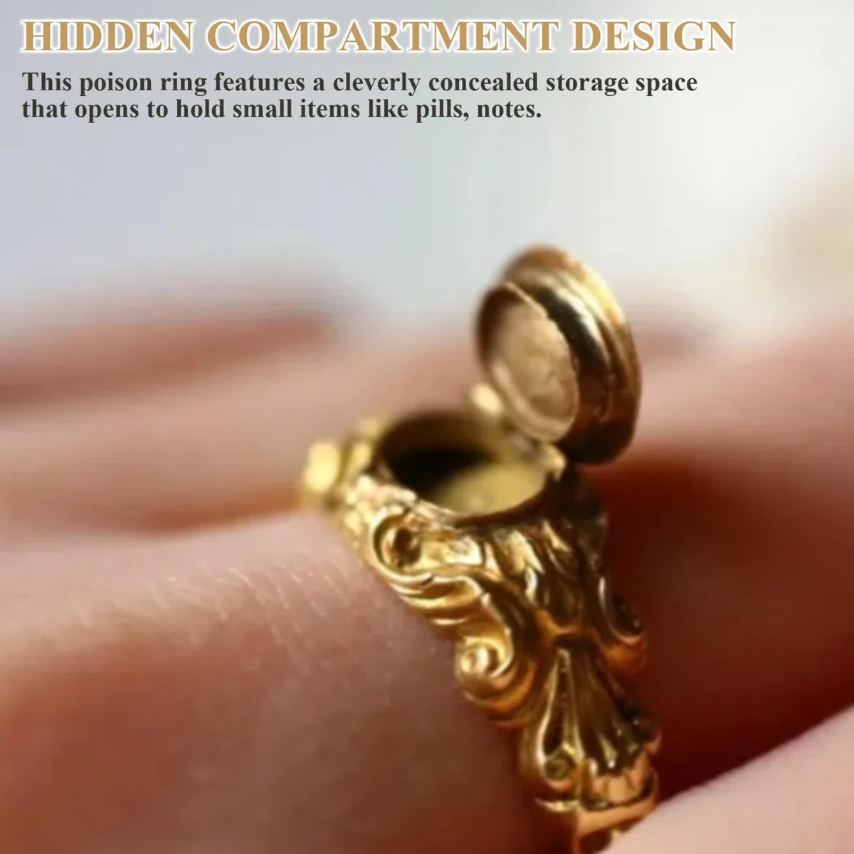 Vintage-Giftring mit Geheimfach, Messing-Medaillonring für Pillen und Andenken, goldener Schmuck im Retro-Stil