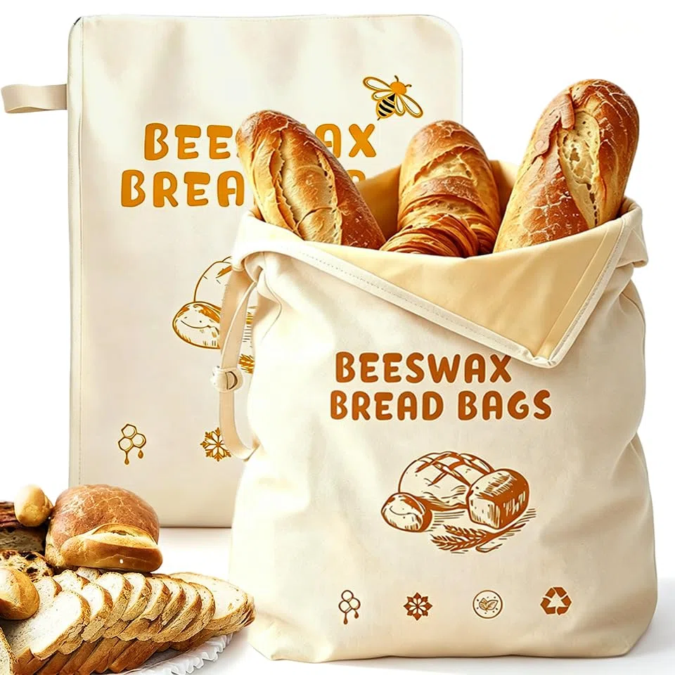 2 Stück Wiederverwendbare Bienenwachs Brotbeutel, Brotbeutel Bienenwach, Brotbeutels Leinen mit Natürlichem Bienenwachs Wiederverwendbare,Brotbeutels aufbewahrung für Sauerteig Handwerkerbrote