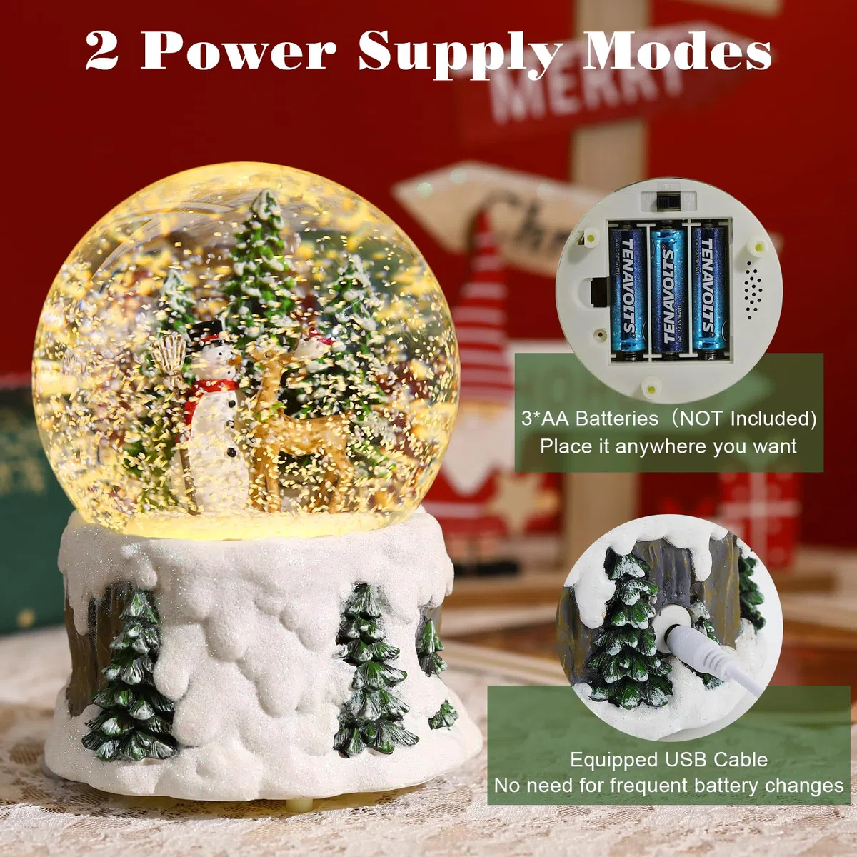 Lewondr Weihnachtliche Musikalische Schneekugel, Schneemann Rentier Elektrische Schneekugel Mit Wirbelnder Schneeflocke&8 Liedern, USB & Batterie Betrieben Weihnachtswasser Kugel Licht Für Dekoration