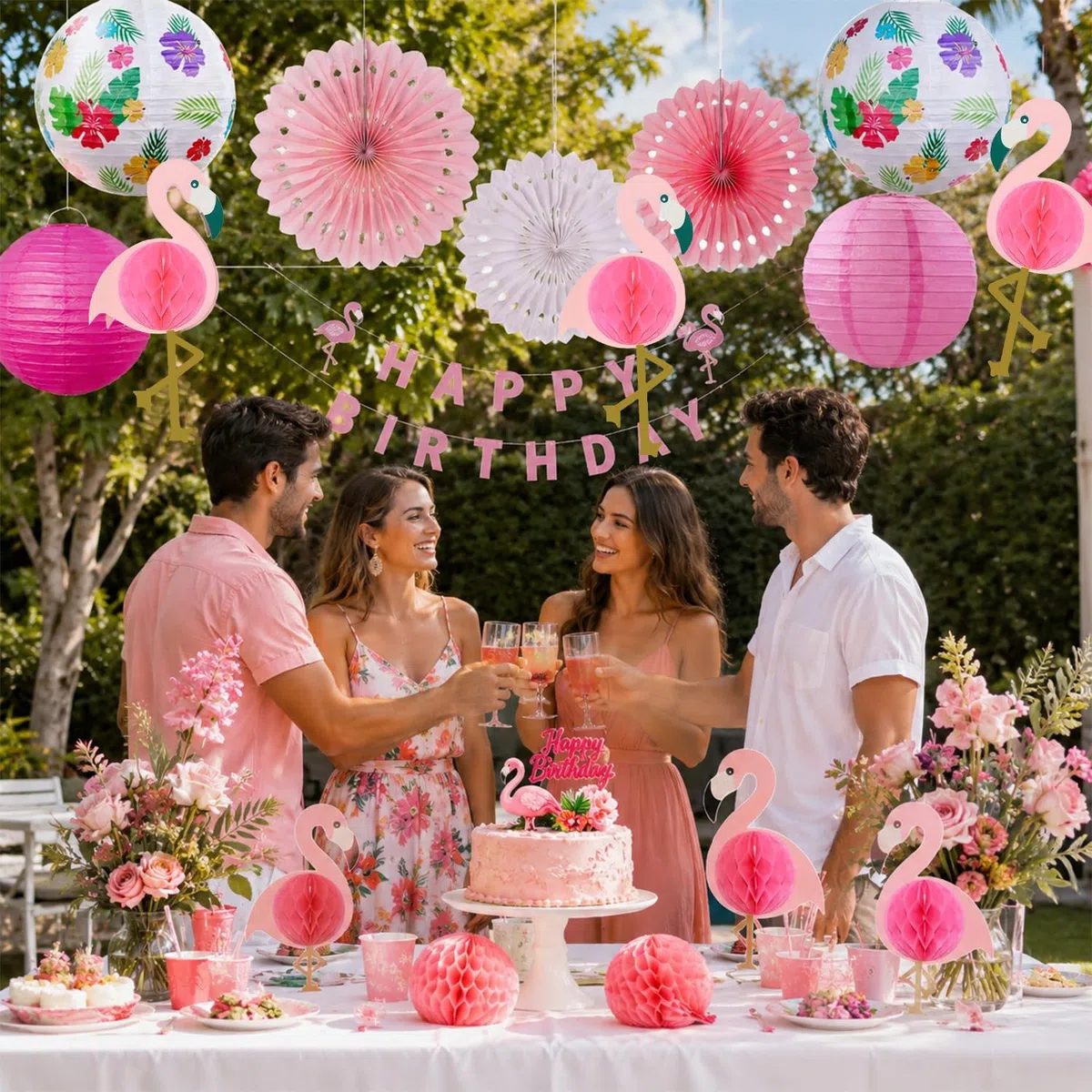 Flamingo Party Deko, Hawaii Party Deko Set mit Papierlaternen, Papierfächer und Flamingo Honeycomb, Sommerparty Deko für Poolparty, Gartenparty, Beach Party, Geburtstag
