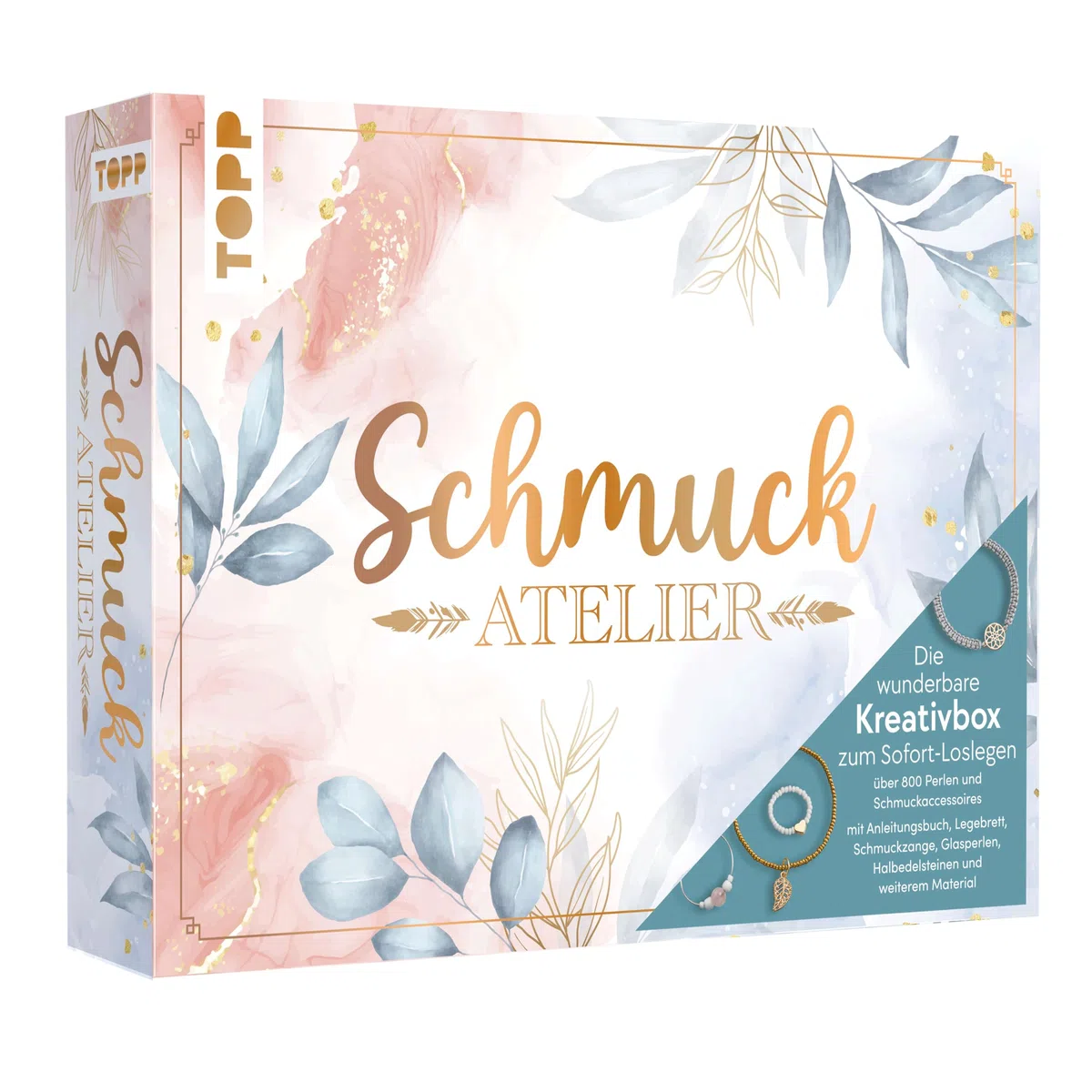 TOPP Die wunderbare Kreativbox Schmuckatelier. Anleitungsbuch (32 S.), Flachzange, Biegeringöffner, Perlennadeln, Perlenlegebrett, über 800 Perlen und Schmuckaccessoires, White