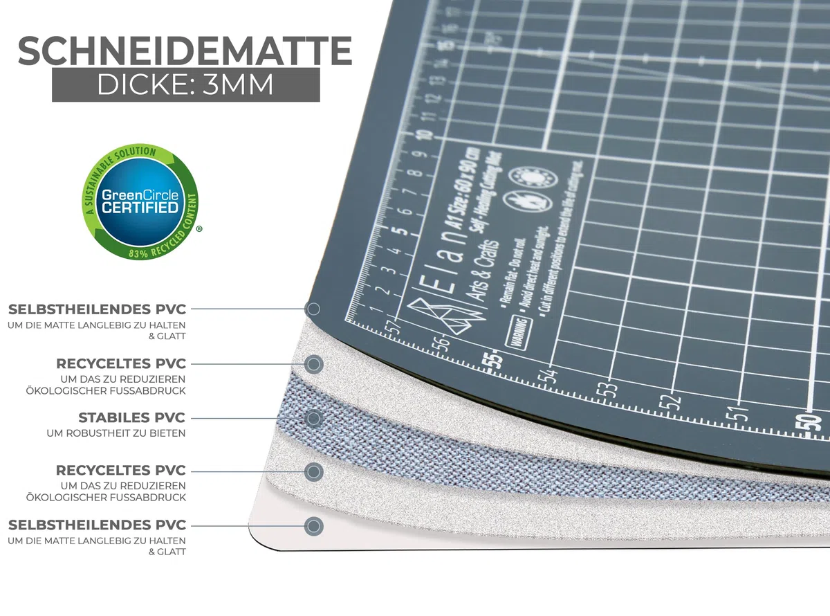 Elan Schneidematte A2 Grau, 5-lagige Schneidematte 45x60 Selbstheilend, Bastelunterlage Schnittfest A2, Cutting Mat 45x60, Schneideunterlage Basteln
