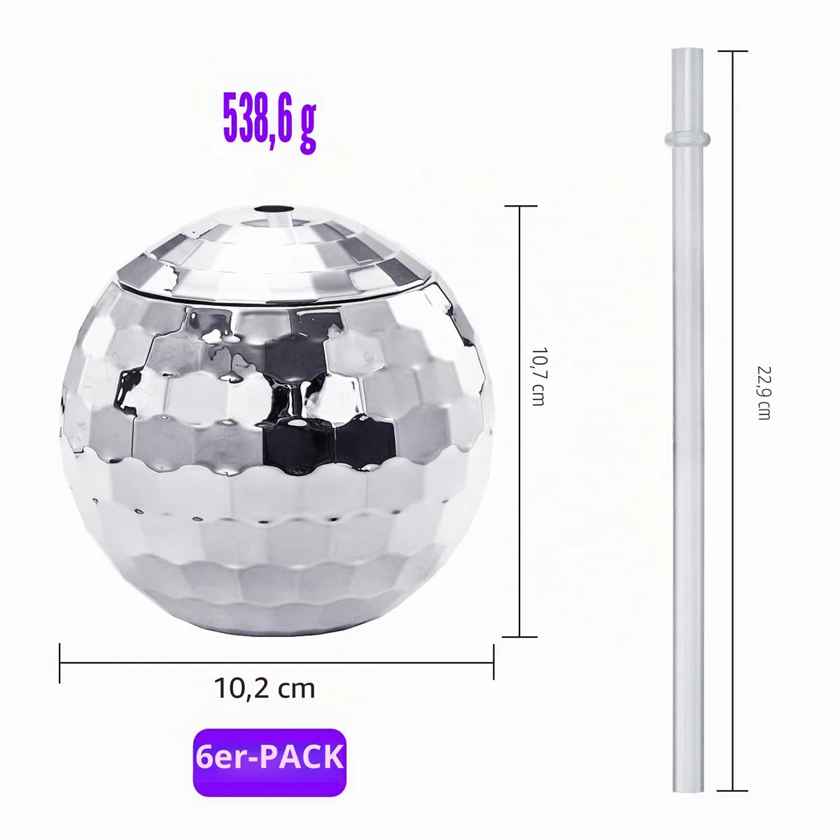Nicunom 6 Stück 540 ml Discokugelbecher mit Deckel und Trinkhalmen Wiederverwendbar, silberfarben, Discokugel-Becher, Cocktailbecher, glitzernd, Disco-Bar, Party, Wein, Trinken, Tee, Sirup, Flasche