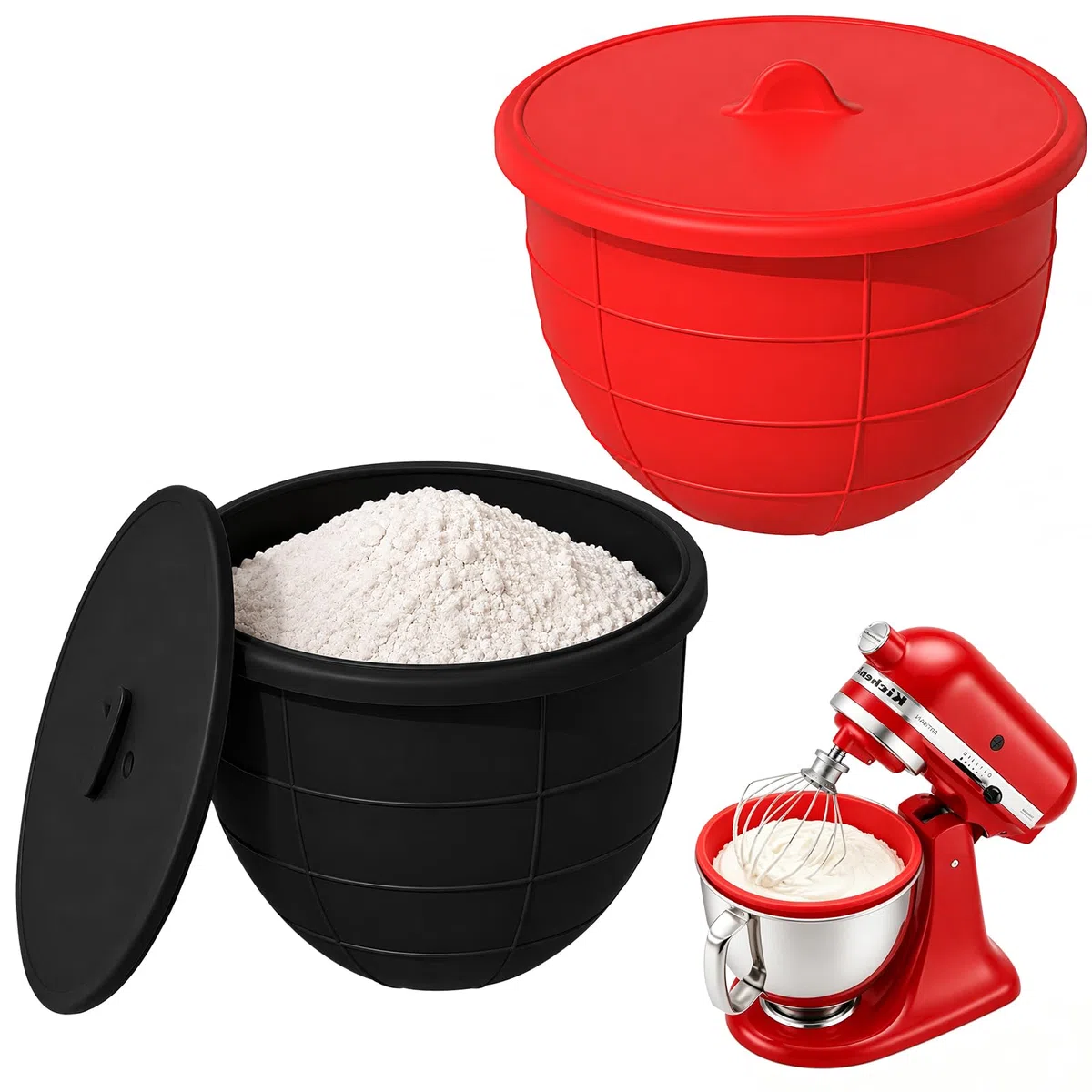 2er Set Silikoneinsatz mit Deckel – Kompatibel mit KitchenAid Schüssel 4,8 L (5 Qt) – Dick + Antirutsch-Rippen, Eigenständig stehend, Innen-Skalierung, Rührschüssel-Einlag