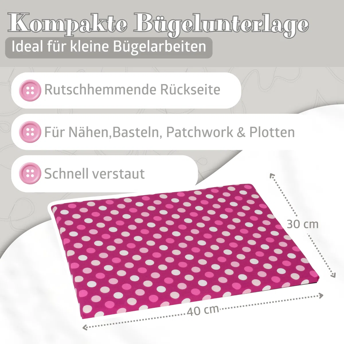 SEMPLIX Bügelunterlage mit rutschhemmender Rückseite, für kleine Bügelarbeiten beim Nähen, Patchworken, Basteln, Plotten und Sticken Zuhause & Unterwegs, (30 x 40 cm) (beere/rosa)