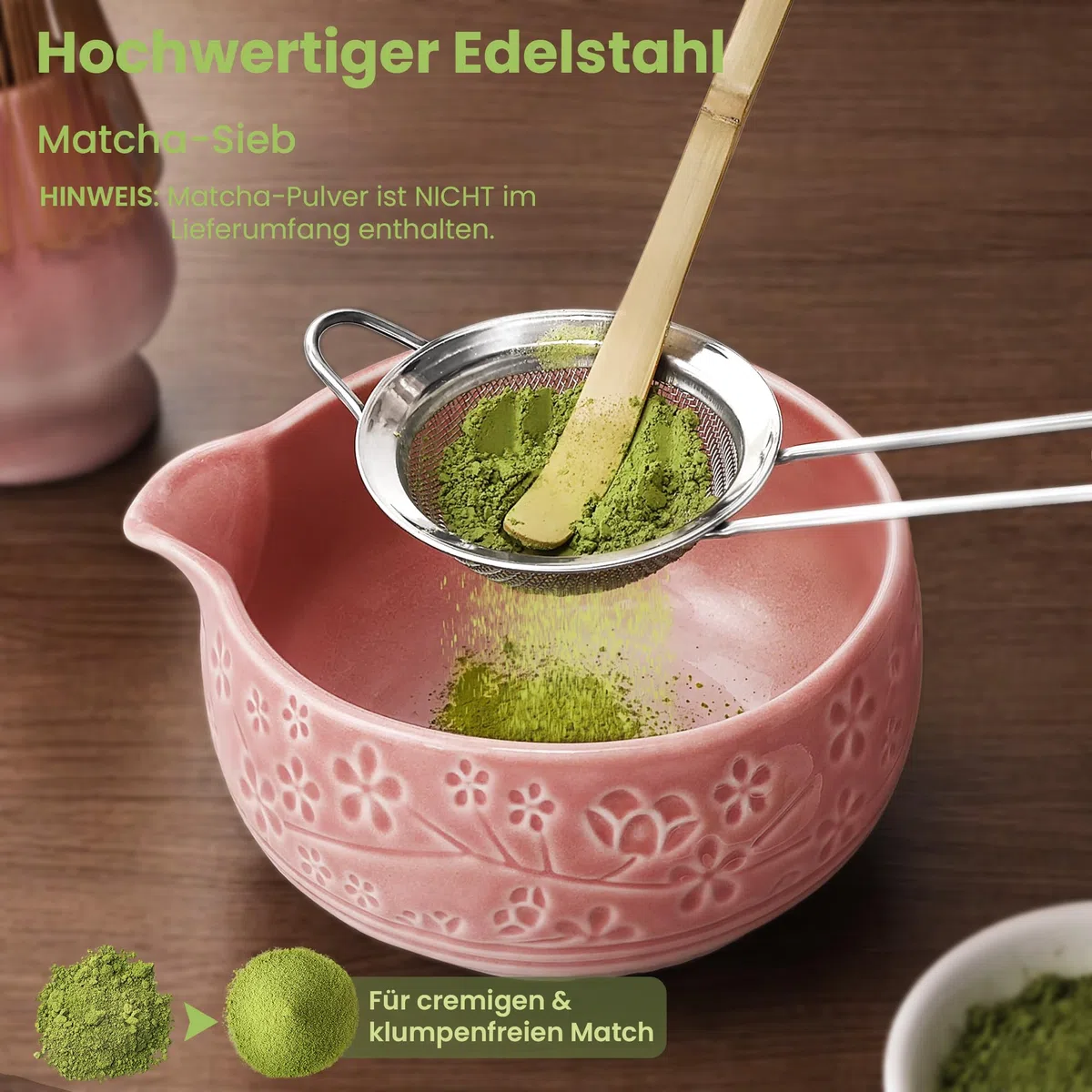 Matcha Set Rosa, 7 Teiliges Matcha Besen Set, Bambusbesen und Besenhalter, Keramik Matcha Schale, Sieb, Löffel und Halter zubehör, Japanisches Teezeremonie Set für Starter - Farbverlauf Pink