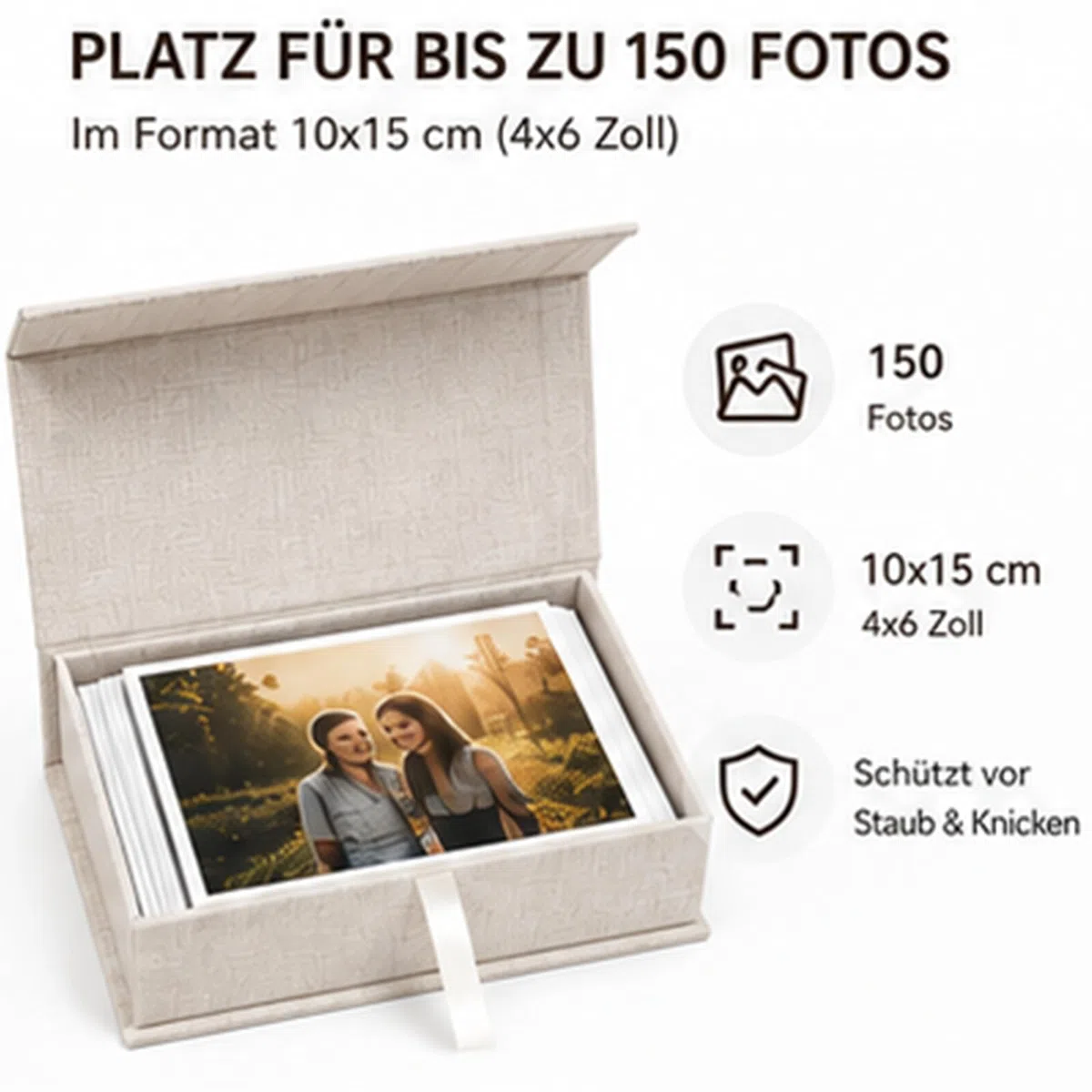 Foto Aufbewahrungsbox 10x15 cm, Leinen Creme, Magnetverschluss | Leinen-Fotobox für 150 Fotos 10x15 cm. Magnetverschluss, stapelbar. Auch für Urkunden & Schmuck. 17,5x12x4 cm.