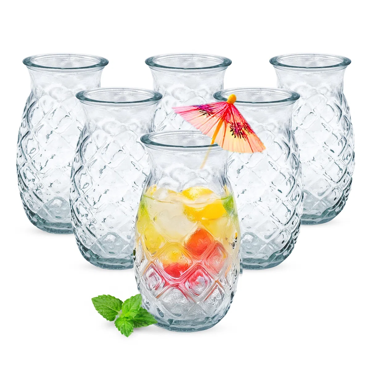 Spetebo Cocktail Glas Ananas Design 400 ml, 6er Set, klar mit Relief | Longdrink Partygläser, Pineapple Tiki Cocktailbecher, Spülmaschinengeeignet, Wiederverwendbar, Für Wasser und Saft