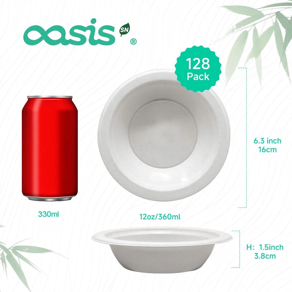 Kompostierbare Papierschüsseln, robust, biologisch abbaubar, aus Bagasse, umweltfreundlich, mikrowellen- und gefriergeeignet, 12 oz, 128 Stück (BPI-zertifiziert)