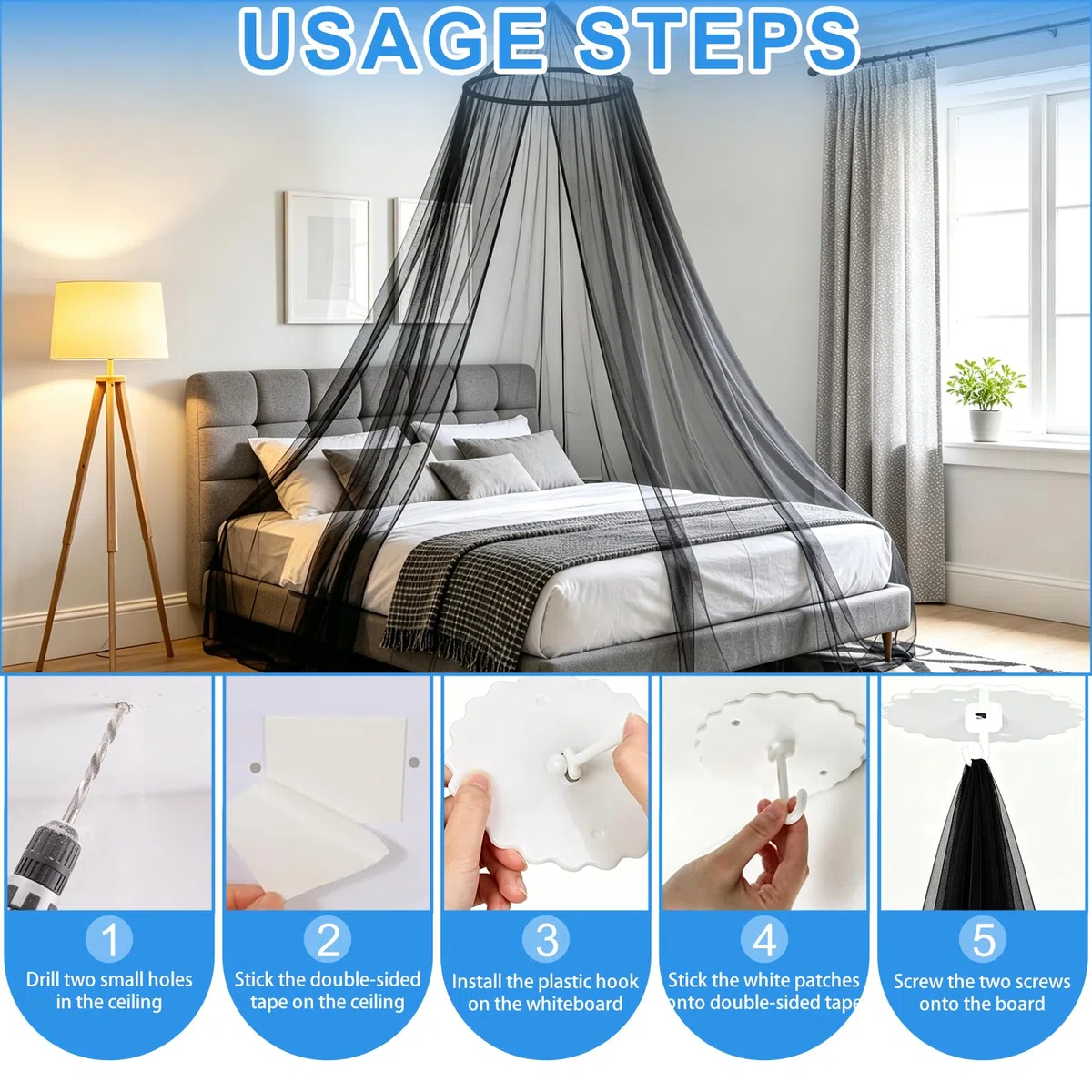 Großes Moskitonetz Bett Netz 60x250x1200cm Schwarz Reise Betthimmel Moskitonetz für Doppelbett Feinmaschiges mit Aufbewahrungstasche Vorhänge Anti Insektenschutz mit Klebehaken (Schwarz)