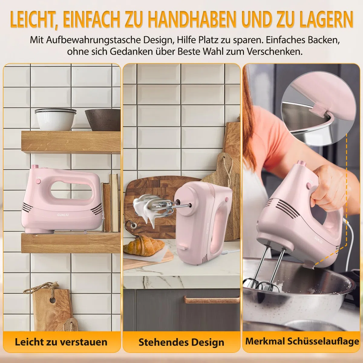 Elektrischer Handmixer mit Edelstahl Schneebesen, Knethaken, Elektrische Handrührer,Turbo Boost /5 Geschwindigkeit, Handrührgerät für Backen Kuchen, Eier Sahne Lebensmittel-Mixer (PINK)