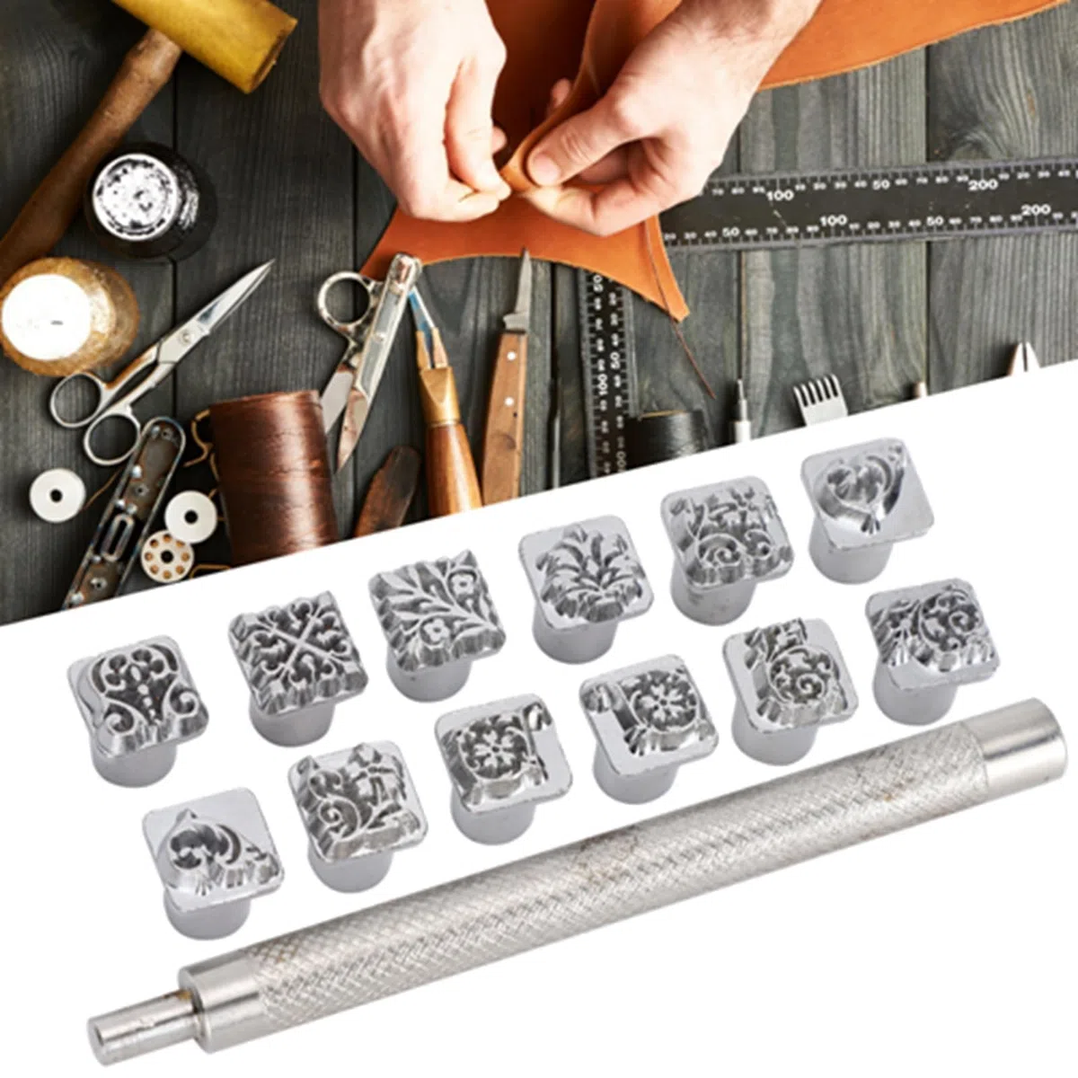 Metallstempel, Stanzwerkzeuge 12 Stück aus Zinklegierung mit verschiedenen Mustern für Metall, Holz, Kunststoff, Leder