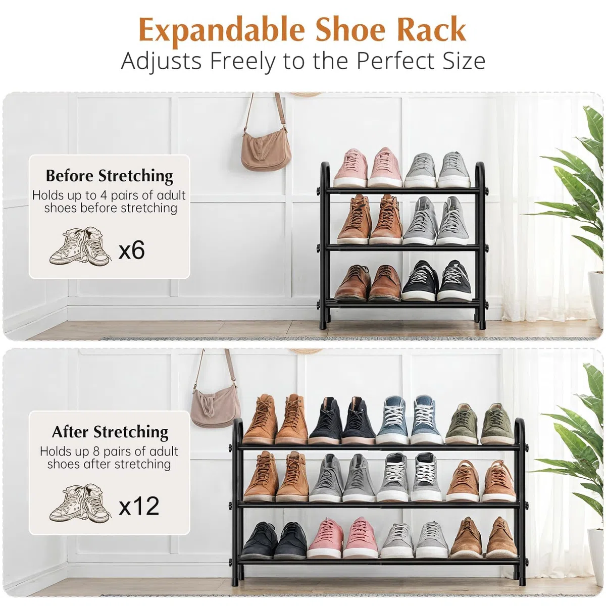Schuhregal Platzsparend, 3 Ebenen Shoe Rack Metall, Ausziehbar Schuhablage 45 to 80cm, Klein Schuhständer Schwarz, Schmales Schuh Regal für Outdoor, Flur, Garderobe, Eingangsbereich