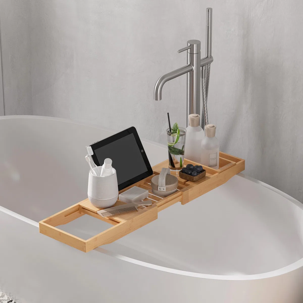 HOMCOM Badewannenablage Badewannenbrücke Wannenauflage Badewannentablett Ablage Badewanne, Bambus, Natur, (70-105) x 21,8 x 5 cm