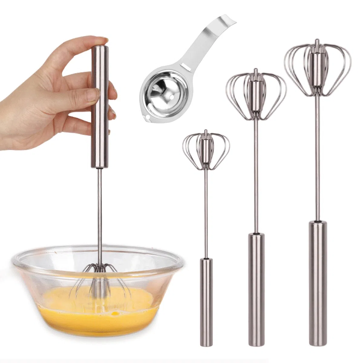 3 Stück Einfacher Automatischer Schneebesen, Halbautomatischer Schneebesen, Küchenmixer zum Schlagen, Rühren und Aufschäumen, 10+12+14 Zoll, Inklusive Eiertrenner
