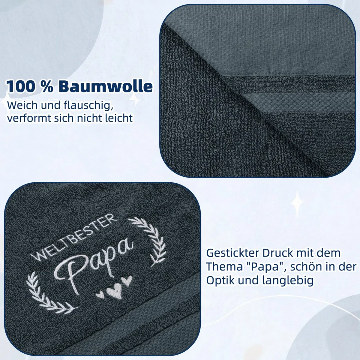 Giftota Papa Geschenk 2 teilig Handtuch Set 100% Baumwolle Bestickt Handtücher Grau, Geschenke für Papa zum Geburtstag Vatertag - Badehandtuch 50 x 100 cm + Handtuch 35 x 75 cm