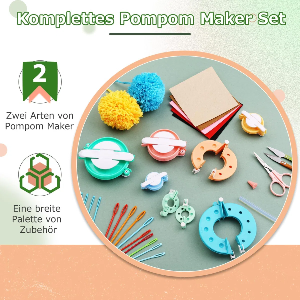 MASPHY Pompom Maker Kit, 8 Größen Pom Pom Maker Kit mit Bedienungsanleitung, Schere, Maschenmarkierer, einfach zu machen Pompoms für Pom Pom Stricken DIY Häkeln Stricken