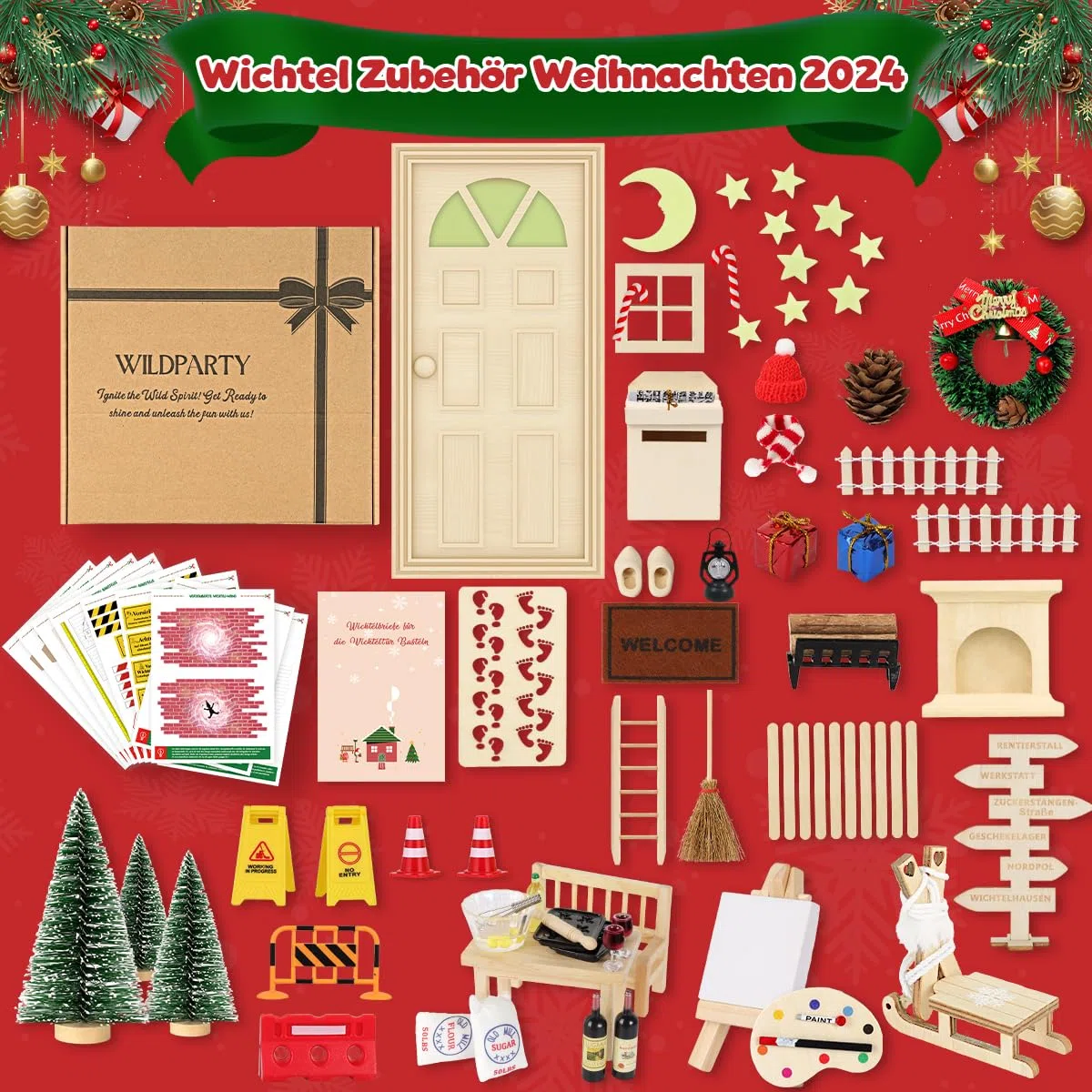 75Pcs Wichtel Zubehör mit Briefe Weihnachten Wichteltür Komplettset, Elfentür Beleuchtet Miniatur Wichtel Baustelle Kamin Staffelei Backset, Wichtelhaus Feentür Zum öffnen adventskalender DIY