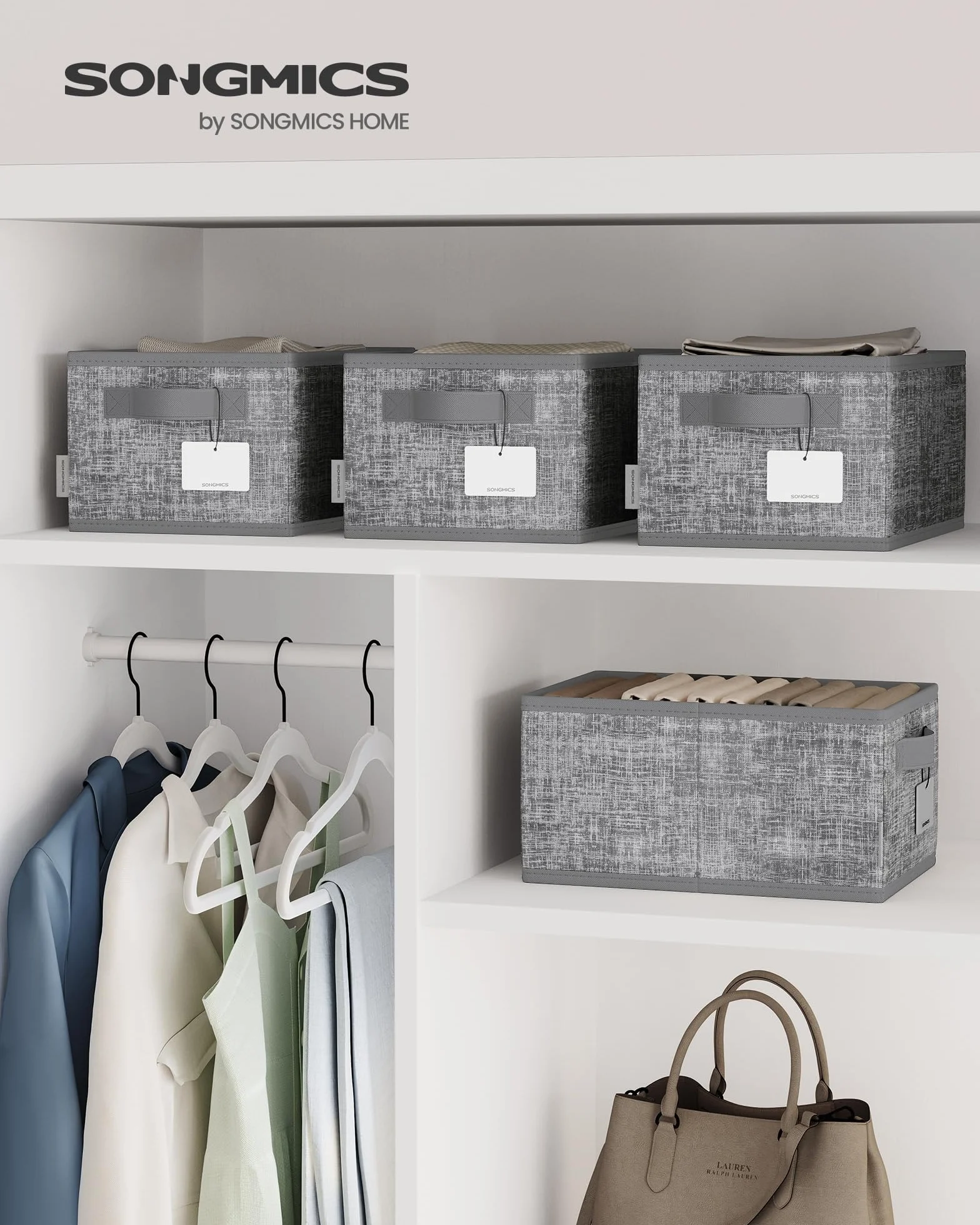 SONGMICS Aufbewahrungsbox 3er Set, zusammenklappbar, Stoffboxen aufbewahren, 30 x 20 x 15 cm, für Kleiderschrank, 2 Griffe, Etikette, für Schlafzimmer Wohnzimmer, schilfgrau ROB415G01