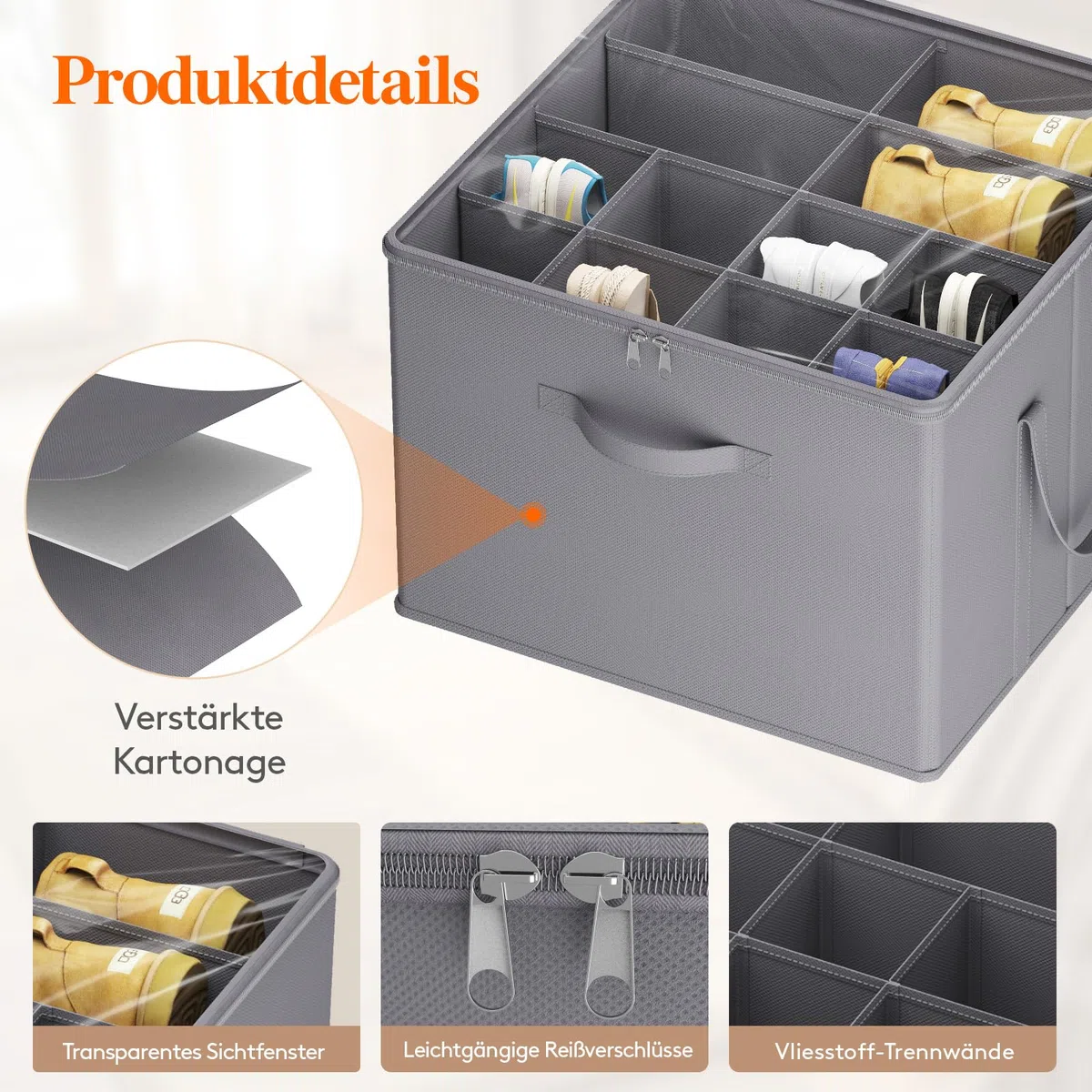 Lifewit Schuhorganizer für 8 Paar, Großer Schuhschran für Closet mit Unterteilungen und Deckel, Platzsparende Schuhkarton mit Griffen für Schuhaufbewahrung, Grau, 1er Set