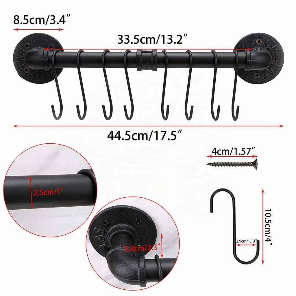 BTSKY 40 cm industrielles Rohrpfannenregal mit 8 Haken – Wandmontage, Küchenutensilien, Kochgeschirr, Aufhänger, Organizer, Küchenutensilien, Deckel, Handtuchhalter