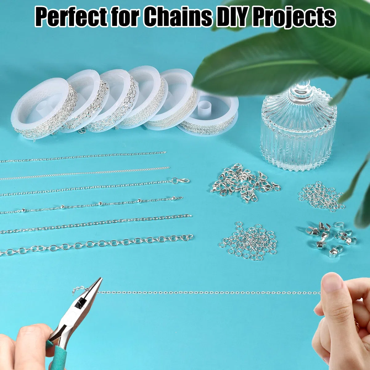 Draupnir 14m 6 Rollen Gliederkette Silber, Schmuckketten zum Basteln, Gliederkette Meterware, Halskettenketten Zubehör mit Ringen und Karabinerverschlüssen und U Ringen für Schmuck Diy Herstellung