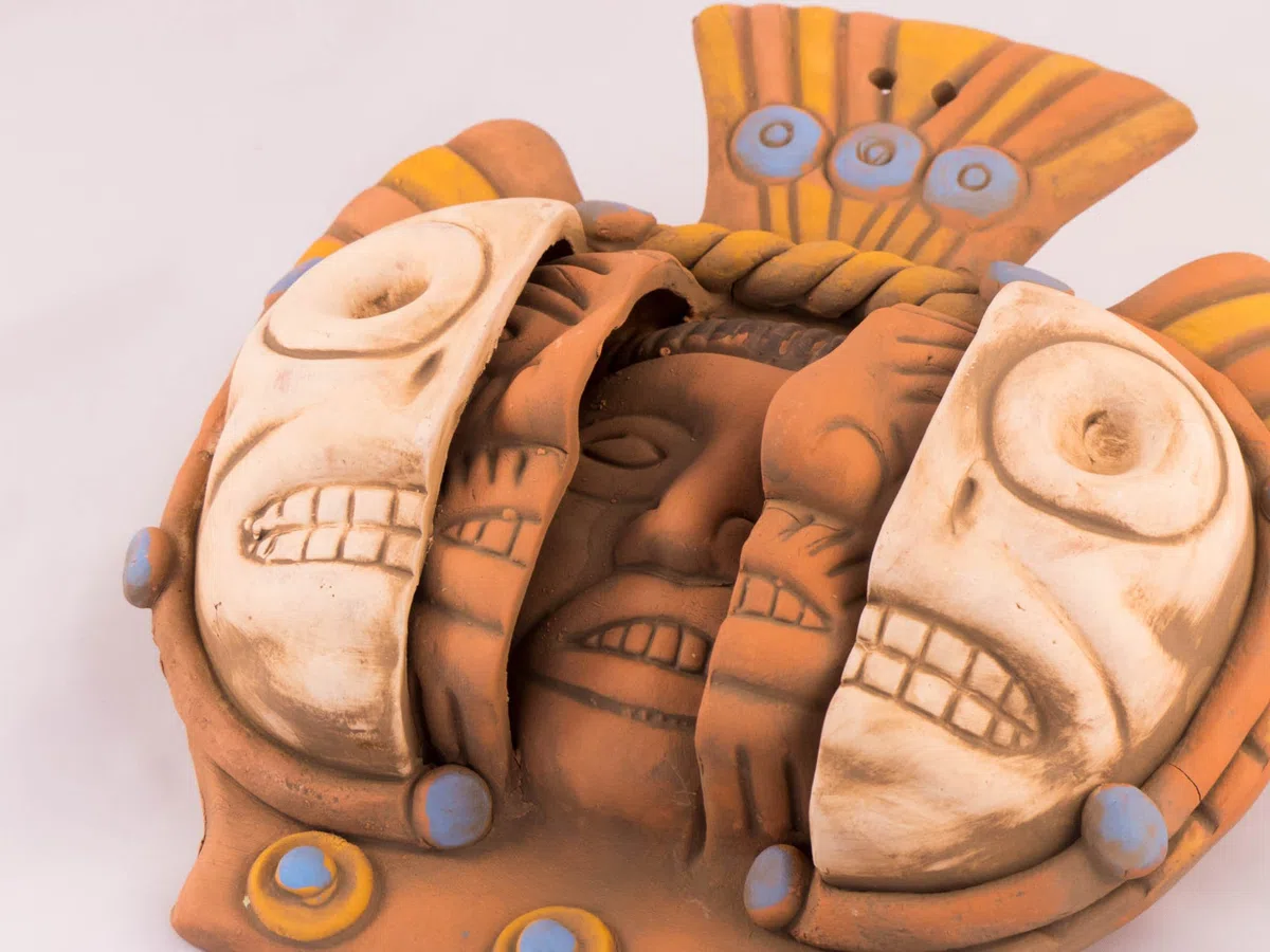 Tumia LAC Keramik-Maske, dreifache Maske, Fair Trade in Mexiko, für den Innen- und Außenbereich, 25 x 25 cm