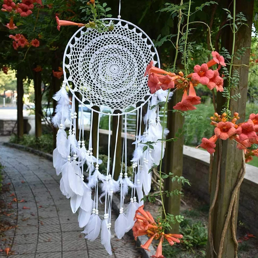 großer Traumfänger im Boho-Stil, mit weißer Feder, Makramee, Wandbehang für Vintage-Hochzeit oder zur Heimdekoration, 35 cm Kreis, 115 cm lang, Weiß