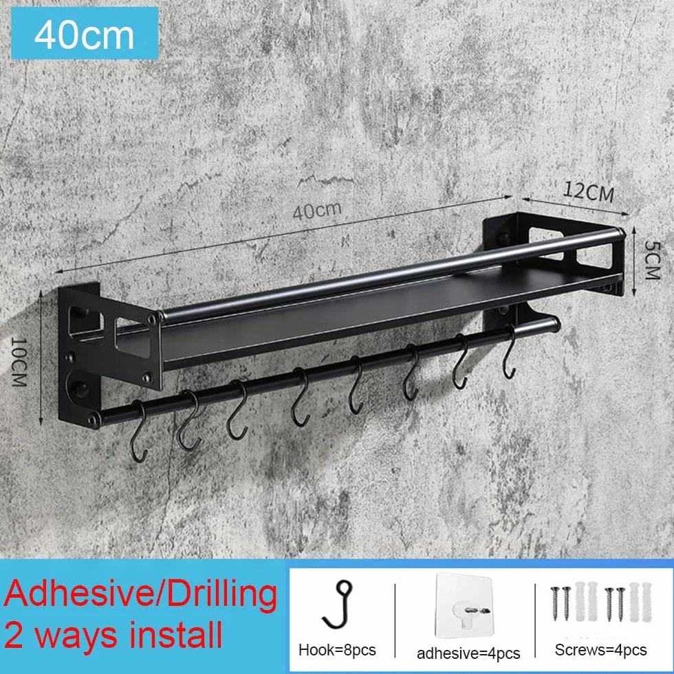 Hakenleiste für Küchenutensilien, Klebstoff/Bohren 2 Wege installieren Küche Hakenleiste mit 8 Haken,40cm Wandmontiertes Küchenutensilien-Organizer-Rack