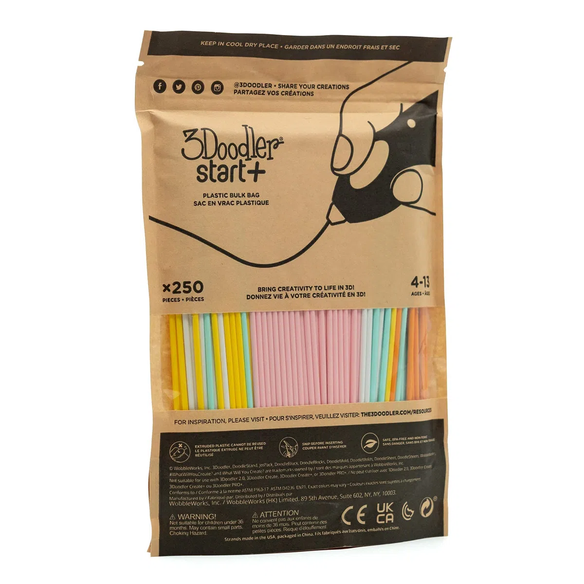 3Doodler Start Eco Plastic - Fire and Ice Mixed Bag 250 Plastique compostable Orange, Turquoise, Blanc, Jaune 1 g