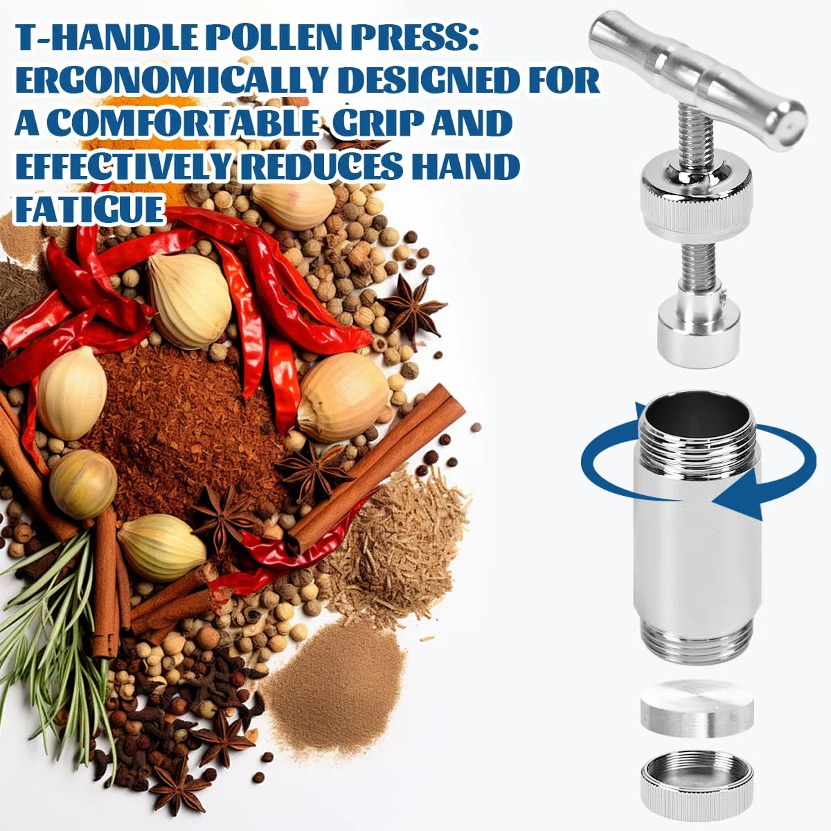 Pollenpresse Edelstahl Pollen T Presse Manuelle Pollenshaker Kräuterpresse für Kräuter Gewürze Knoblauch Pfeffer Salz Pollen Ideal für Kochen Kräuterverarbeitung(64 * 60 * 26mm)