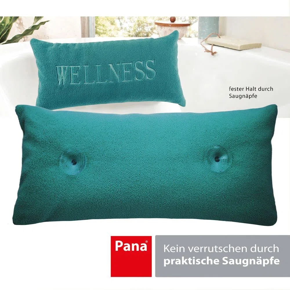 PANA® Badewannenkissen (20x40 cm) • Bequemes Kissen für Badewanne • Nackenkissen Badewanne • Kopfstütze Wanne • Polster Badewanne • Schnell trocknend • Türkis mit Wellness Schriftzug