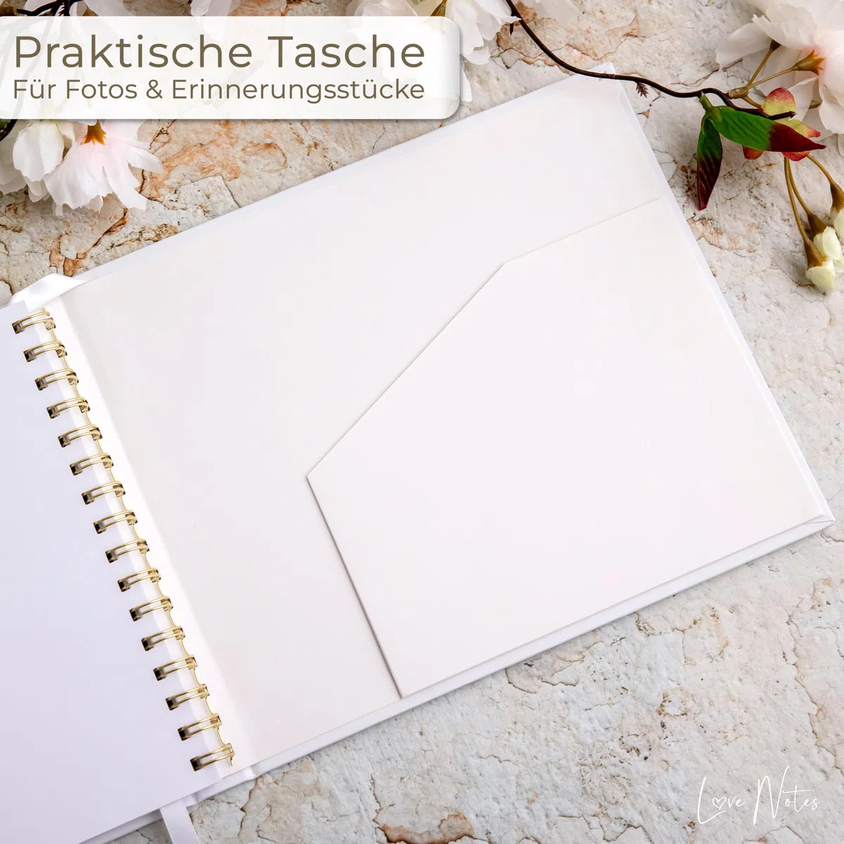 Love Notes Gästebuch Hochzeit, Geburtstag & Jeder Anlass [100 Blanko Seiten] Hochwertiges Gästebuch für unvergessliche Erinnerungen, Edle Gold Prägung, 21x23 cm, Ringbuch Hardcover (Weiß)
