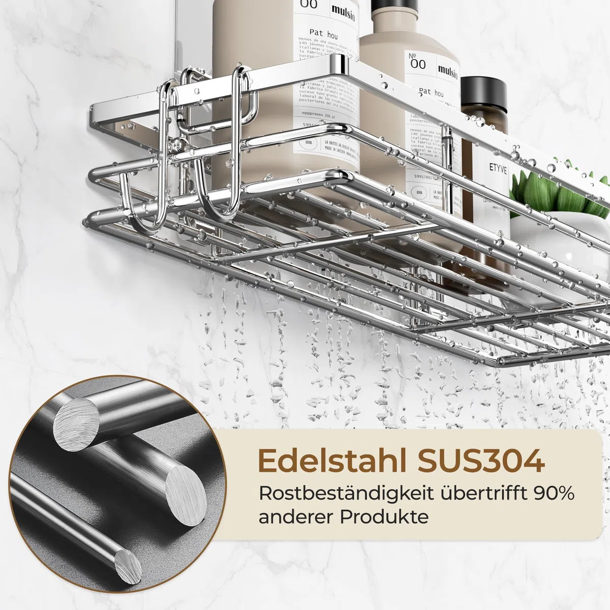 pickpiff Duschablage Ohne Bohren SUS304 Edelstahl 2 Stück Duschregal mit 2 Haken Badregal Bathroom Organizer Shampoo Halterung Für Dusche Selbstklebend