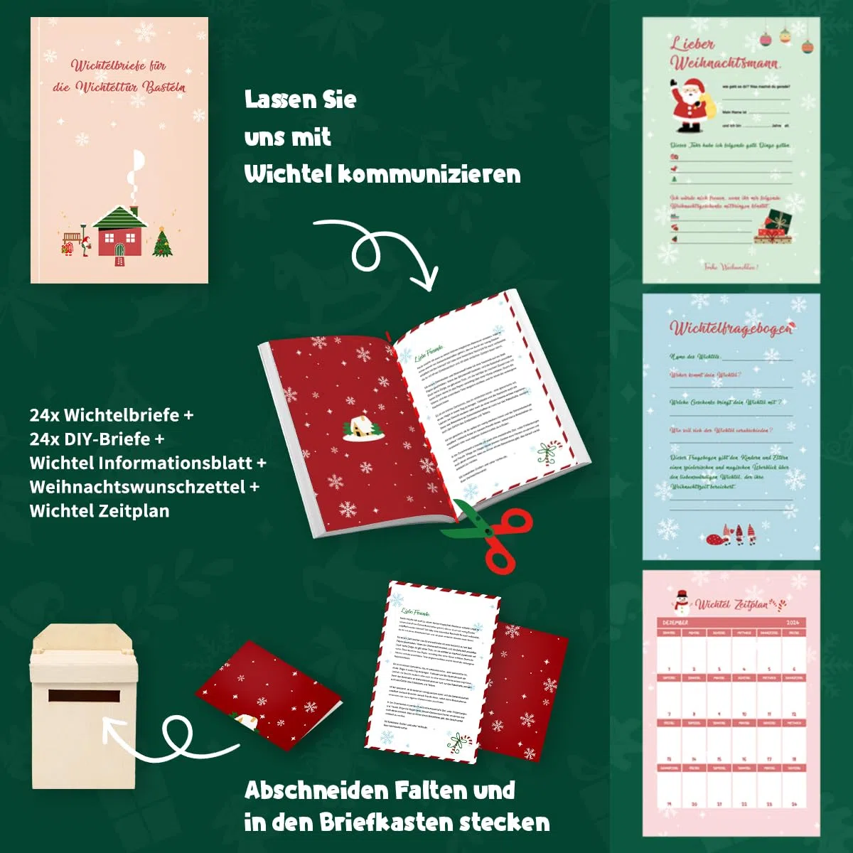 75Pcs Wichtel Zubehör mit Briefe Weihnachten Wichteltür Komplettset, Elfentür Beleuchtet Miniatur Wichtel Baustelle Kamin Staffelei Backset, Wichtelhaus Feentür Zum öffnen adventskalender DIY