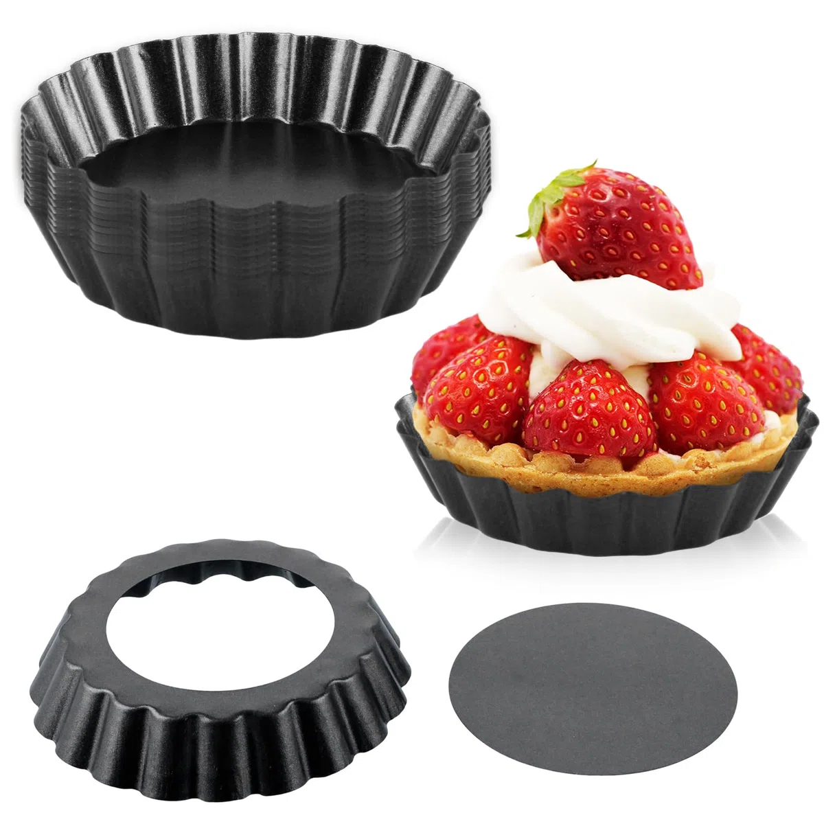12 Stück Tartelette Förmchen 10 cm Quicheform Klein mit Hebeboden Antihaftbeschichtung Mini Tartelette Förmchen tarteform klein aus Kohlenstoffstahl (Schwarz)