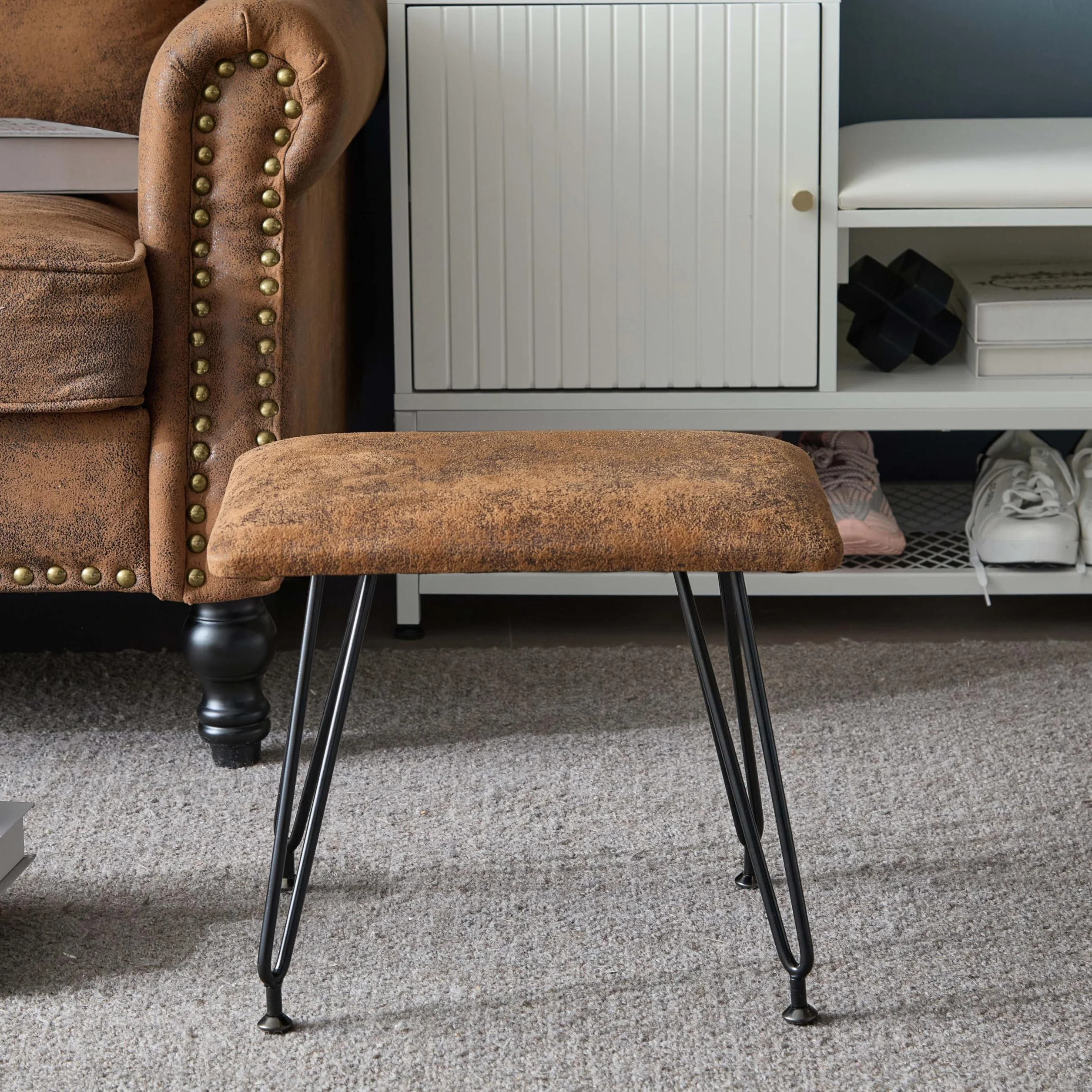 Balama Fußhocker Sitzhocker Ottoman Rustikal 40 x 30 x 35 cm, Vintage Braun, Metall Beinen, Gepolsterte Sitzfläche, Wasserabwisender Stoffbezug, verstellbare Bodengleitern