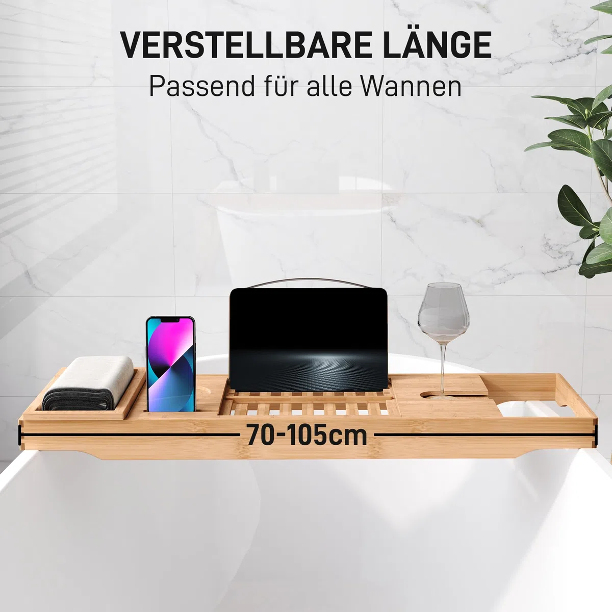 HOMCOM Badewannenablage Badewannenbrücke Wannenauflage Badewannentablett Ablage Badewanne, Bambus, Natur, (70-105) x 21,8 x 5 cm