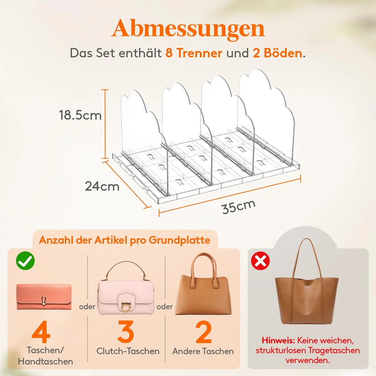 Lifewit 2 Stück Handtaschen Trenner Aufbewahrung, Verstellbar Taschen Organizer Schrank, Acryl Handtaschenorganizer Taschenständer, Regaltrenner für Clutch Tragetaschen Shirts Bücher, 35 x 24 cm/14x9"