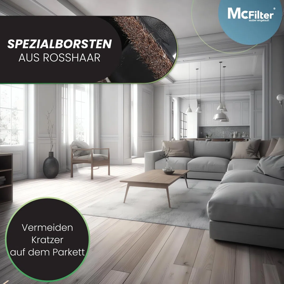 McFilter I Universal 32/35mm Hartbodendüse Staubsaugerdüse kompatibel mit Siemens, Bosch, AEG, Miele, Philips, Samsung, Dirt Devil, Panasonic I 2 Laufräder I weiches Rosshaar I ca. 30 cm breit
