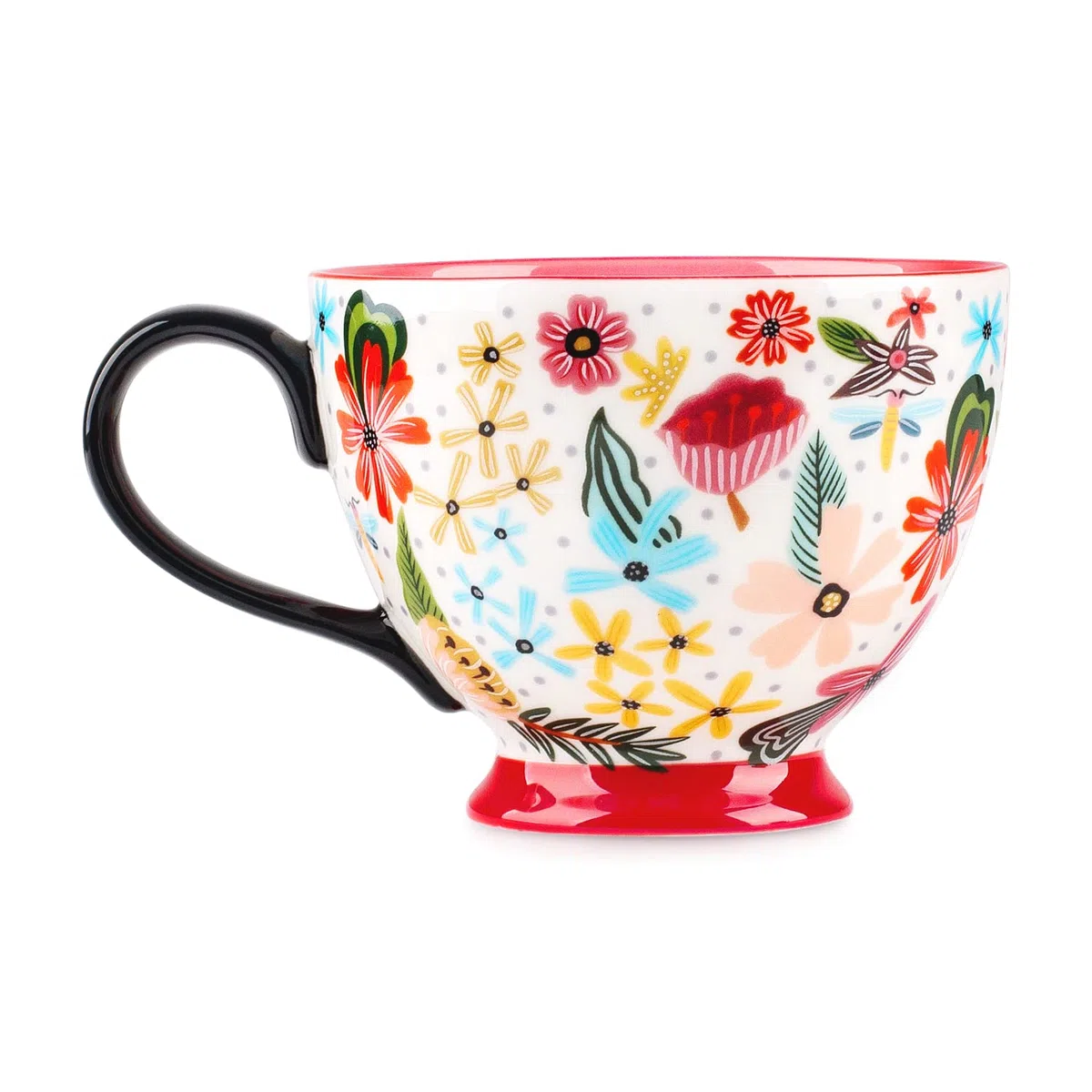 Berry President Handbemalte Keramiktassen mit Blumenmuster, 15 OZ, große Tassen für Milch, Kaffee, Cappuccino, Tee, Kakao, Frühstücks-Haferflockentassen (Bunte Blume rot)