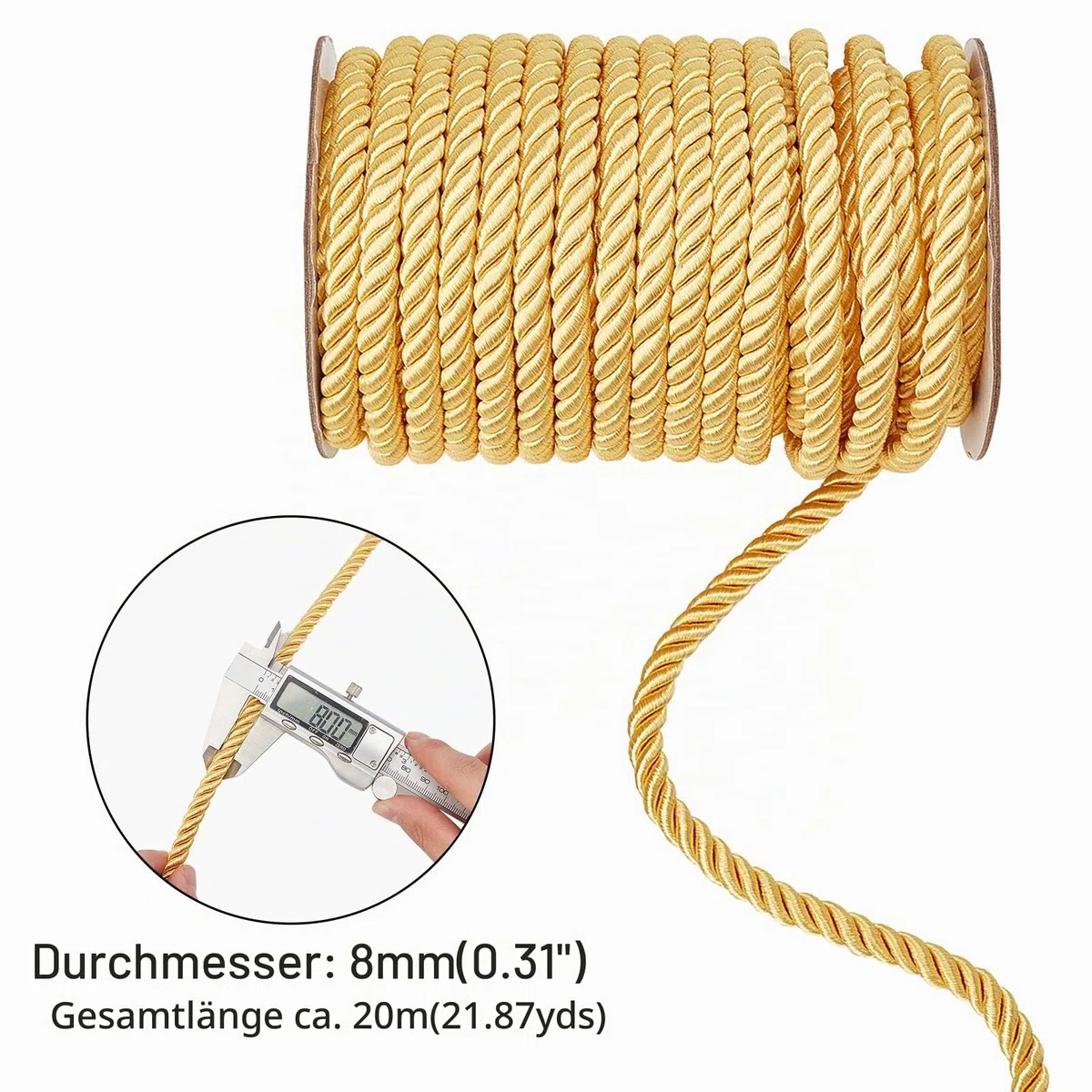 PandaHall 20m 8mm Cord Trim Gold Dekoratives Seil Atlaskordel Atlasschnur Kordelschnur Für Vorhang Raffhalter, Polster, Ehrenschnur, Weihnachtsgirlande, Handtaschen Griffe