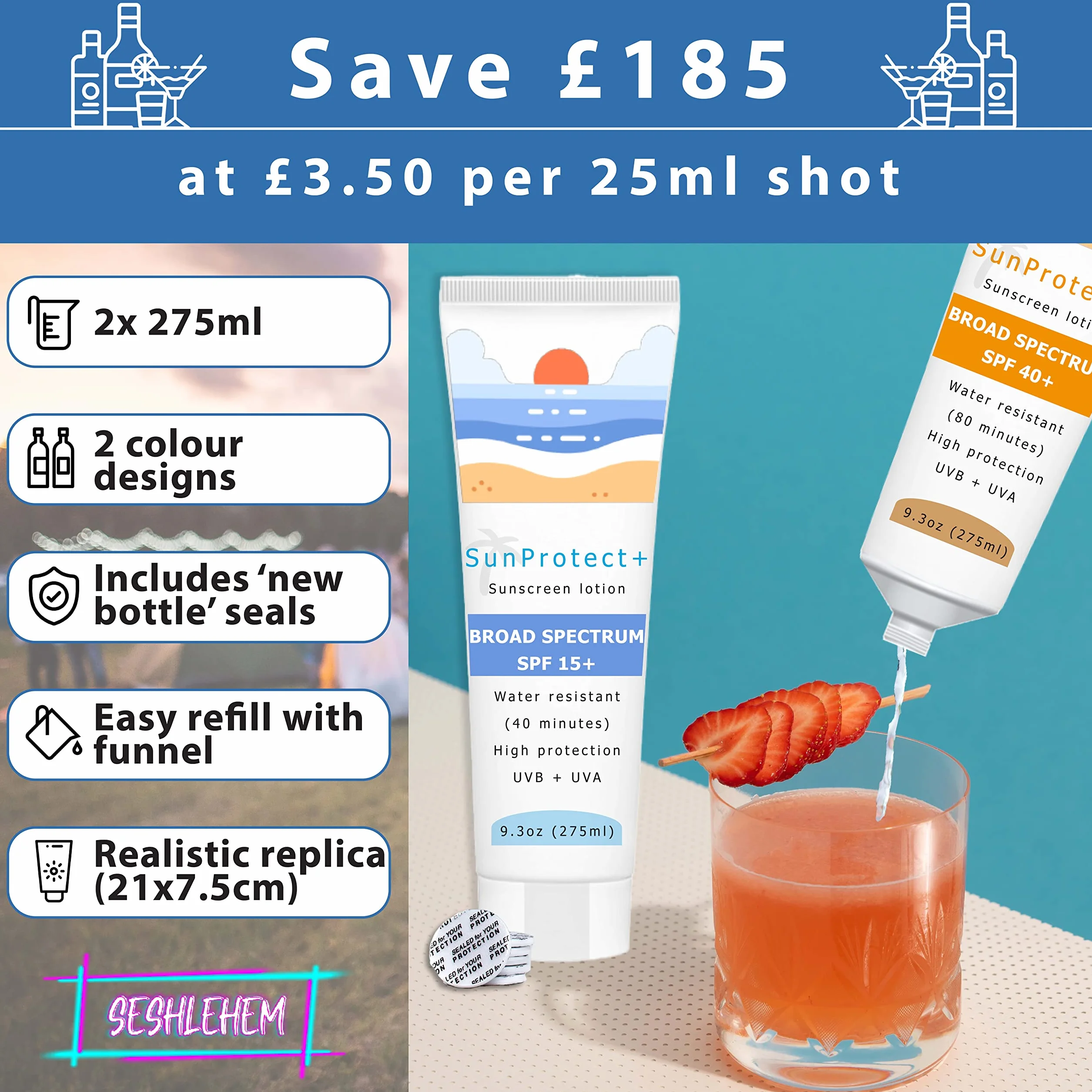 7er-Pack Geheimflaschen-Set – Sonnencreme + Handdesinfektionsmittel + Beutel – 1330 ml – Trinkbeutel für Festivals – Schleichen Sie Alkohol überall – in Großbritannien ansässige Marke