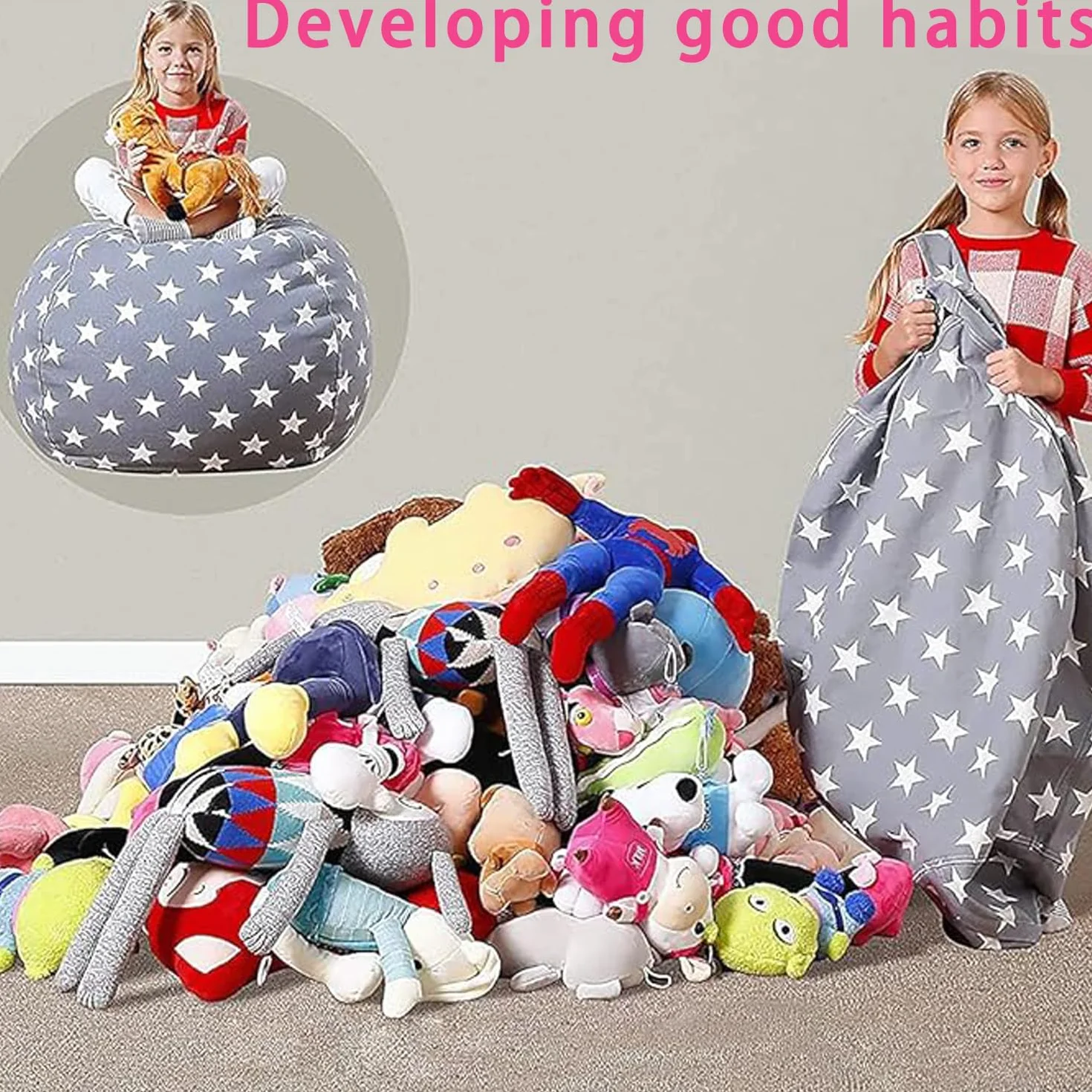 Spielzeug Aufbewharungstasche, Kuscheltier Aufbewahrung Sitzsack, Kinder Sitzsack Sofa, Bean Bag Toy Storage mit Reißverschlus, Beutel Spielzeugaufbewahrung, für Kleidung, Spielzeug (24 zoll)
